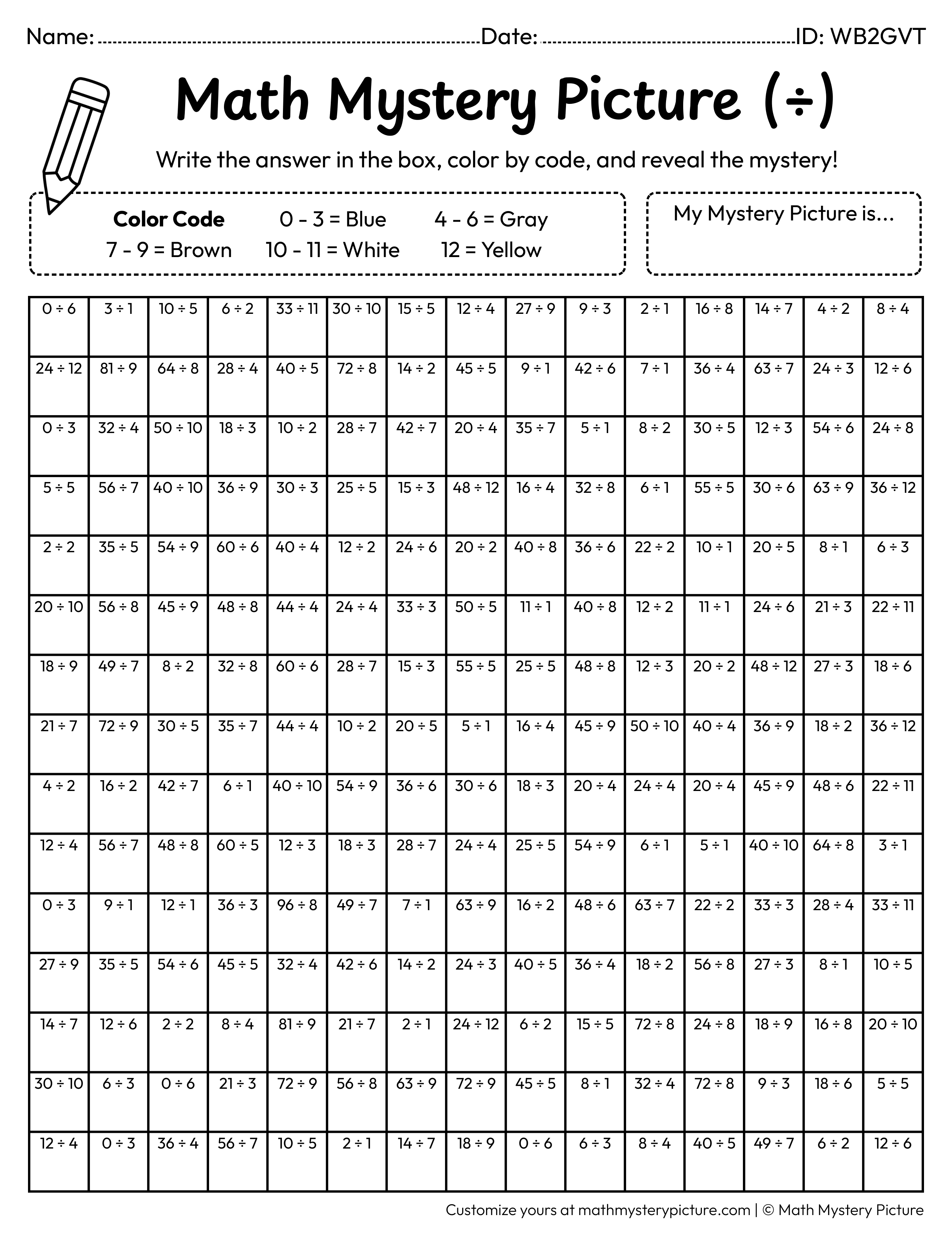 Back to School Blackboard Division Facts Math Mystery Picture Coloring Worksheet