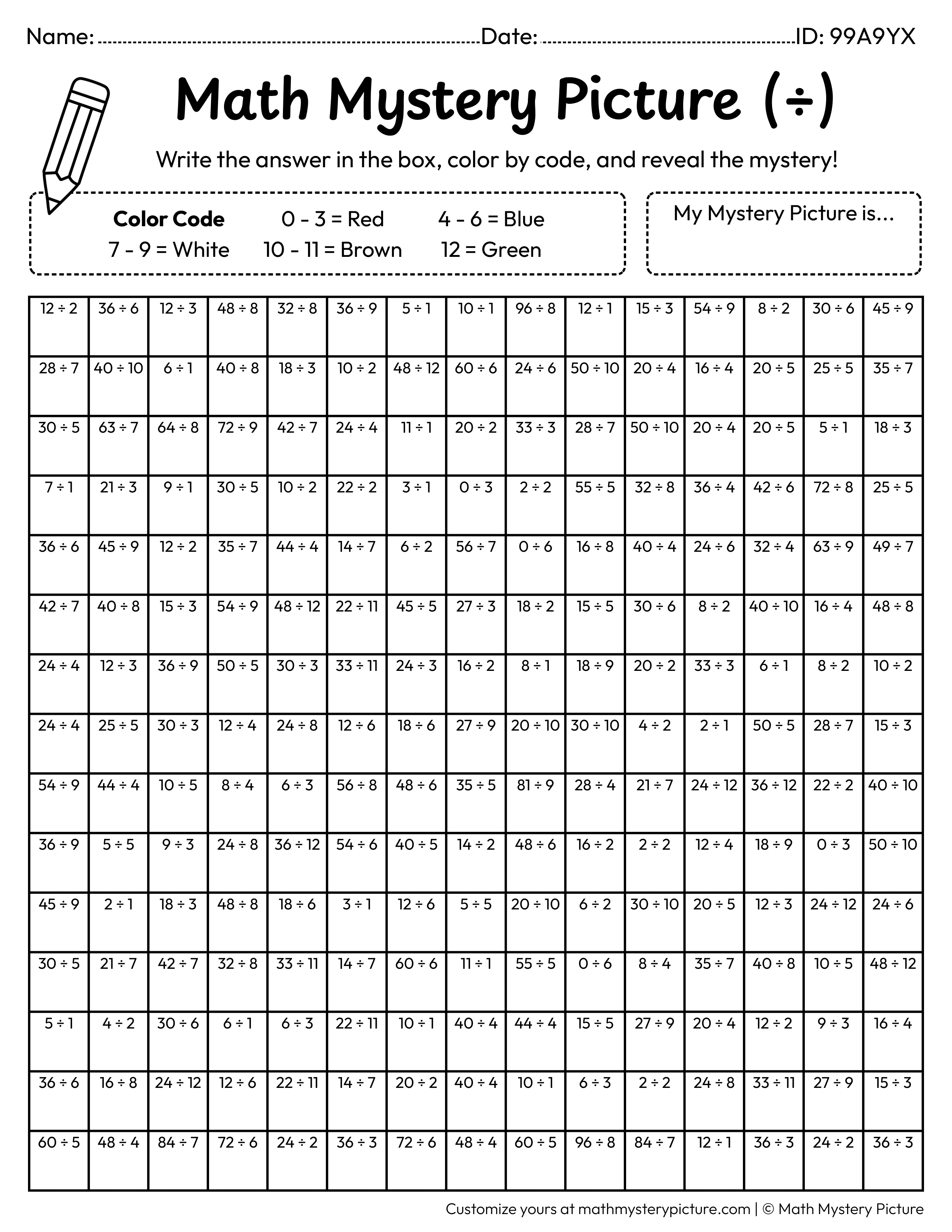 School Division Facts Math Mystery Picture Coloring Worksheet