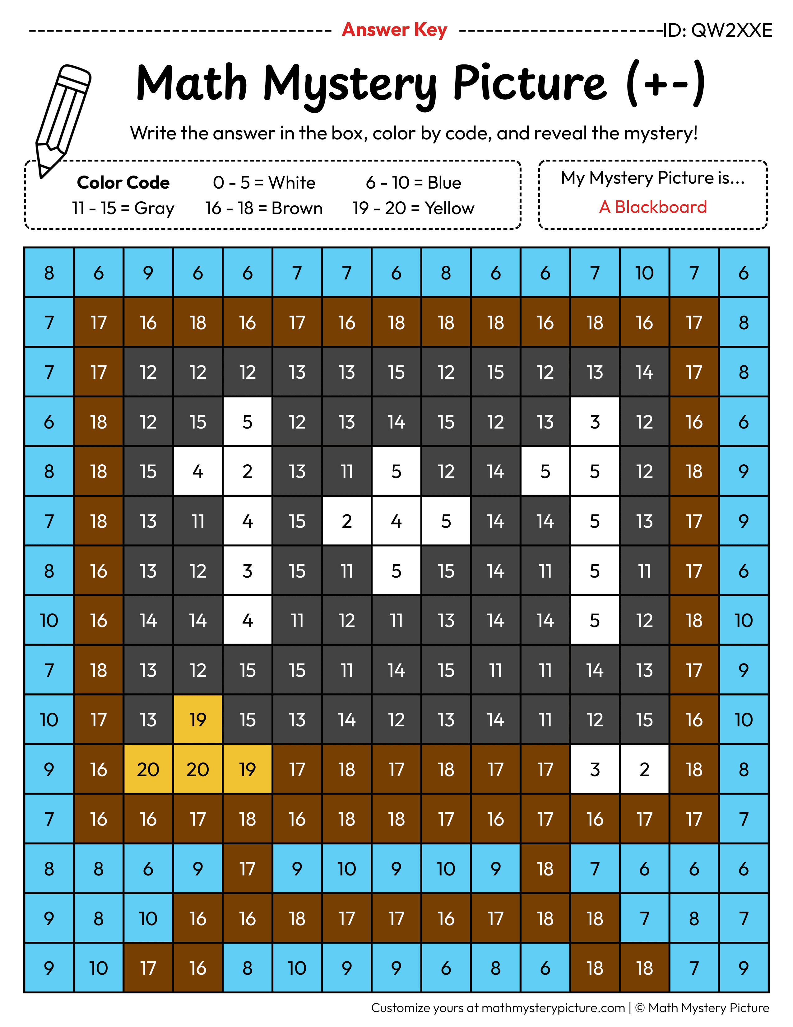 Back to School Blackboard Mixed Addition and Subtraction Within 20 Math Mystery Picture Color by Number Answer Key