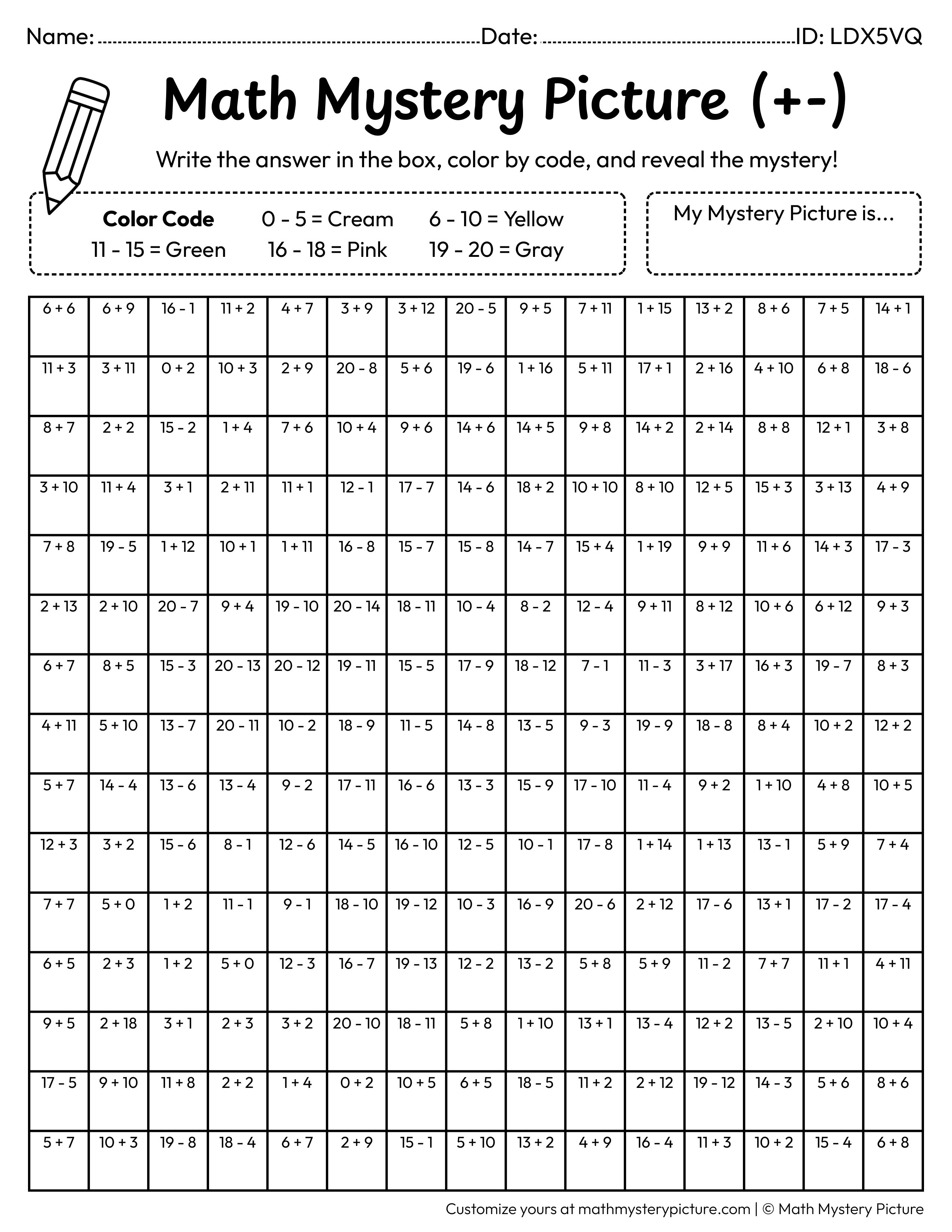 Back to School Pencil Mixed Addition and Subtraction Within 20 Math Mystery Picture Coloring Worksheet