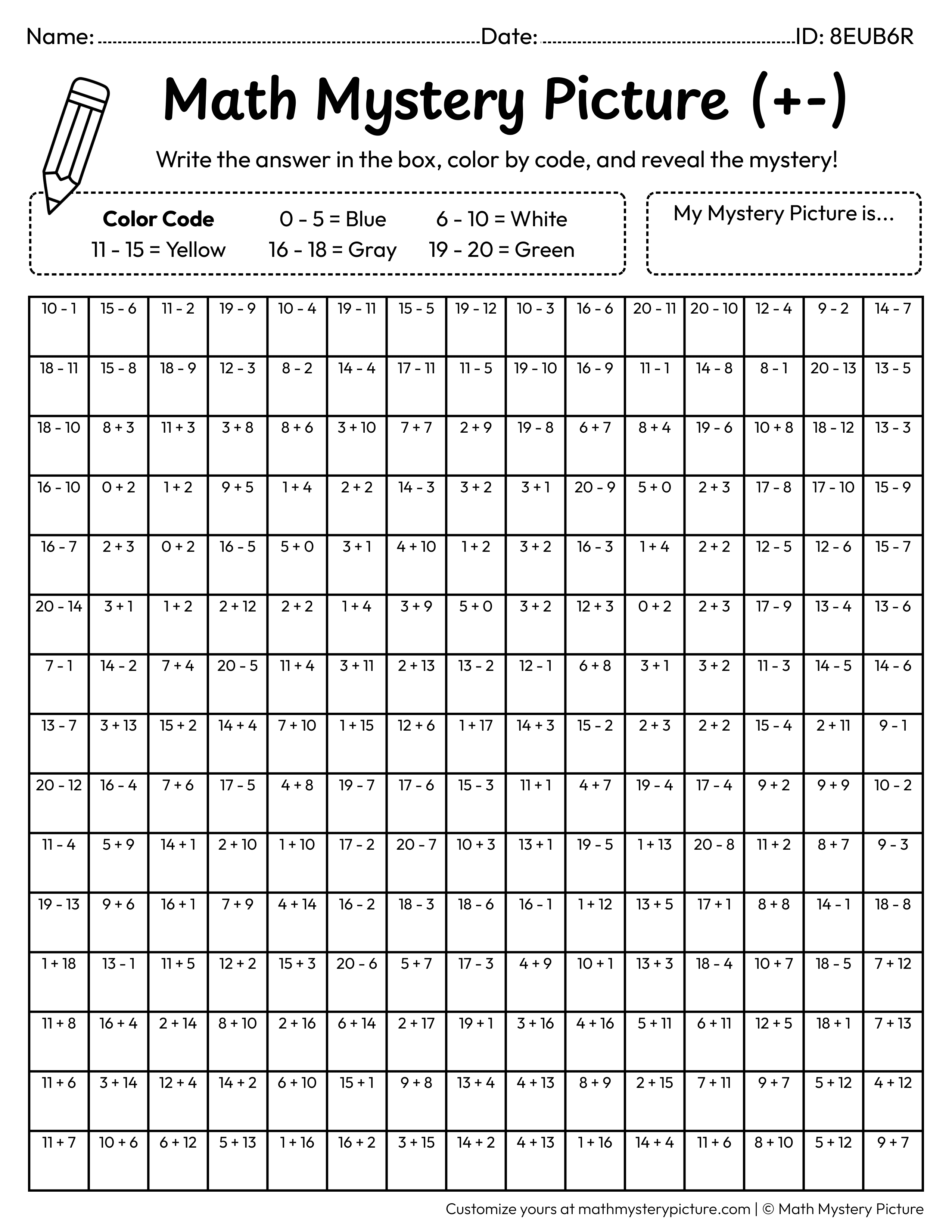 School Bus Mixed Addition and Subtraction Within 20 Math Mystery Picture Coloring Worksheet