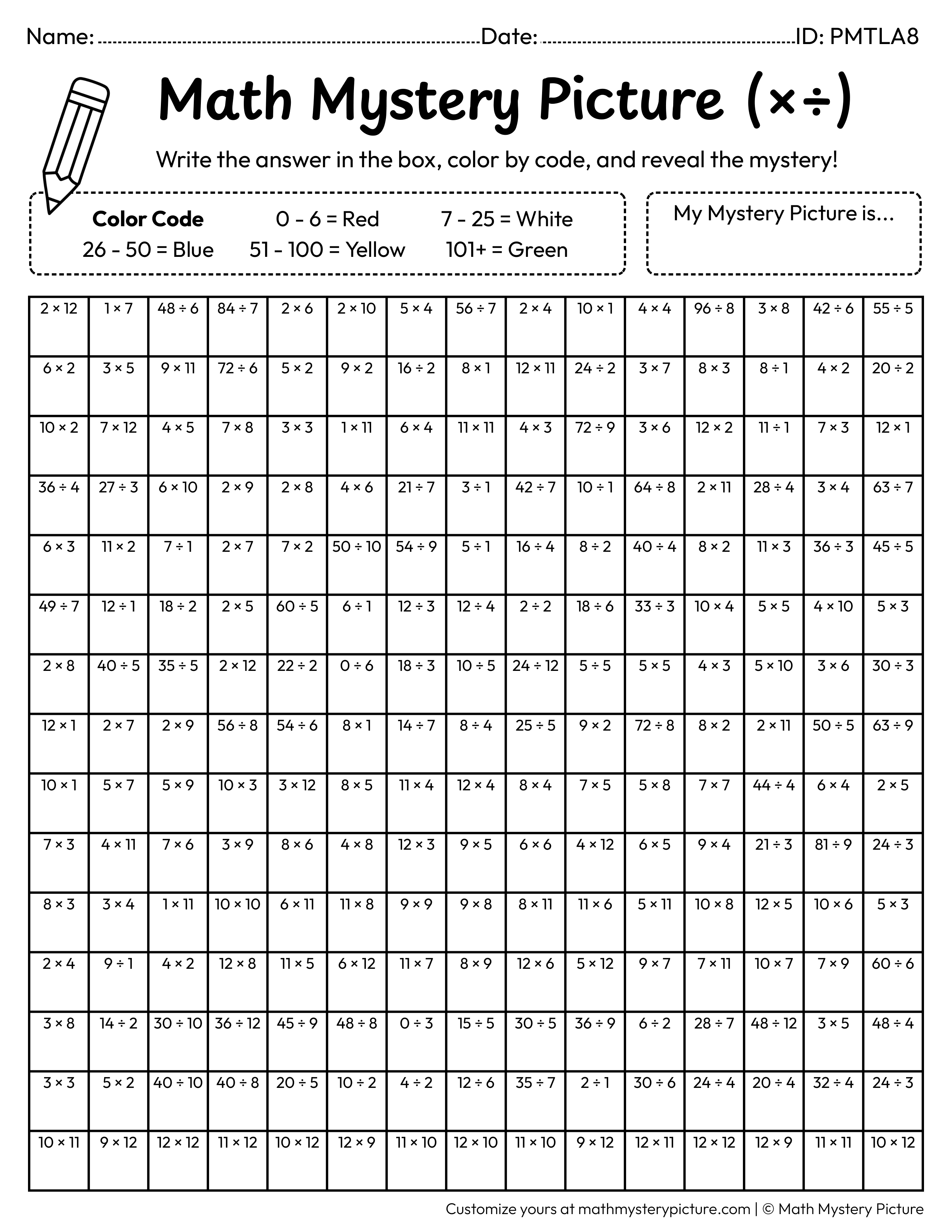 Back to School Apple on Books Mixed Multiplication and Division Facts Math Mystery Picture Coloring Worksheet