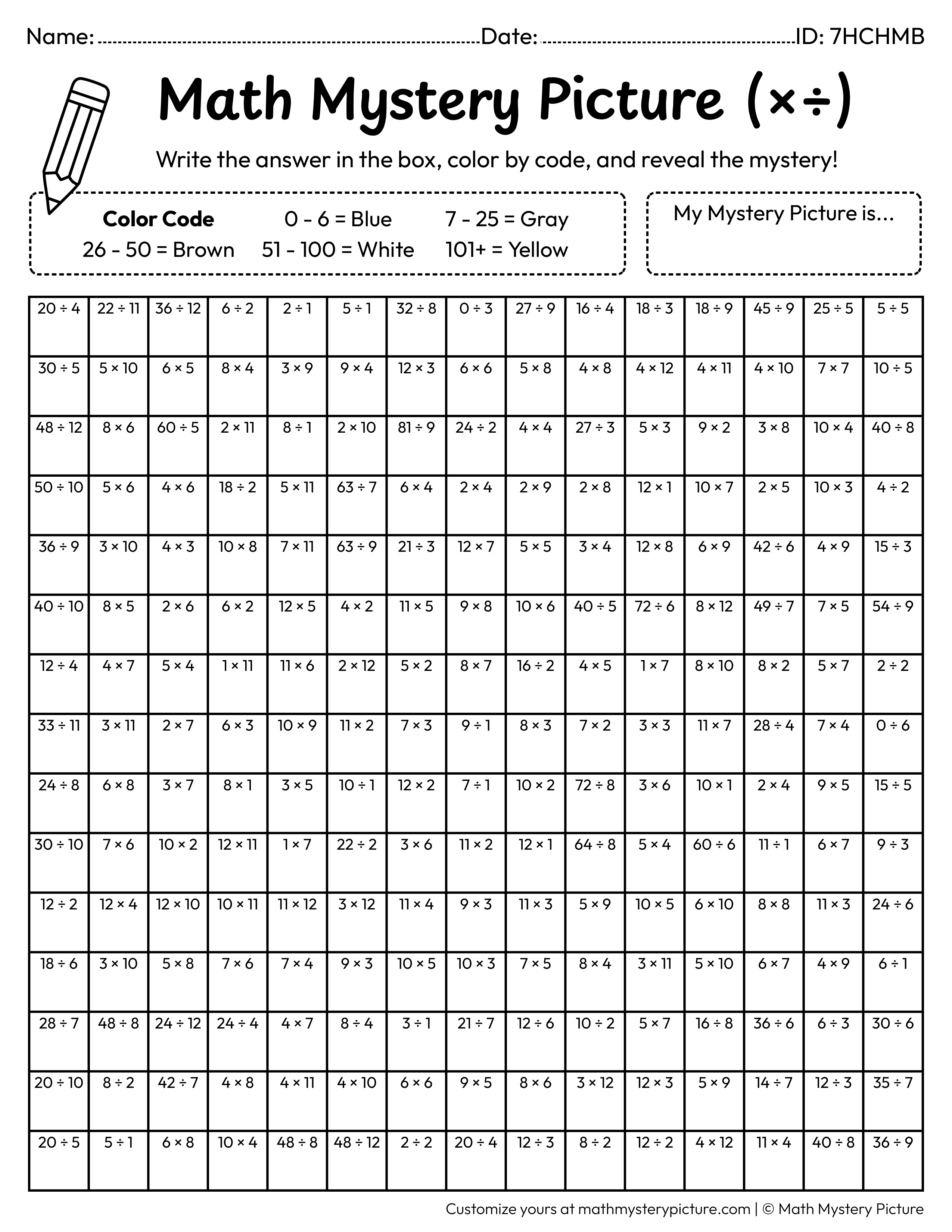 Back to School Blackboard Mixed Multiplication and Division Facts Math Mystery Picture Coloring Worksheet