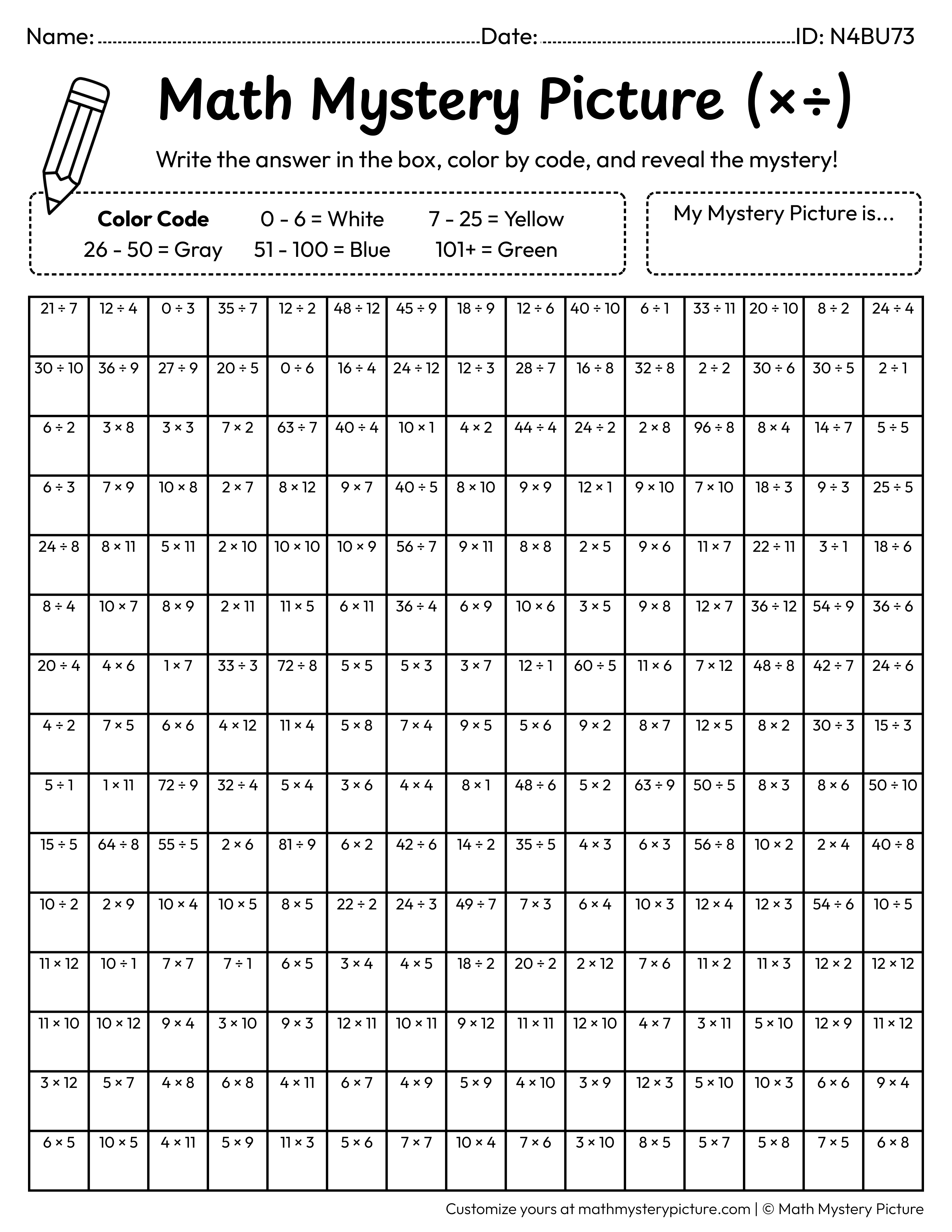 School Bus Mixed Multiplication and Division Facts Math Mystery Picture Coloring Worksheet