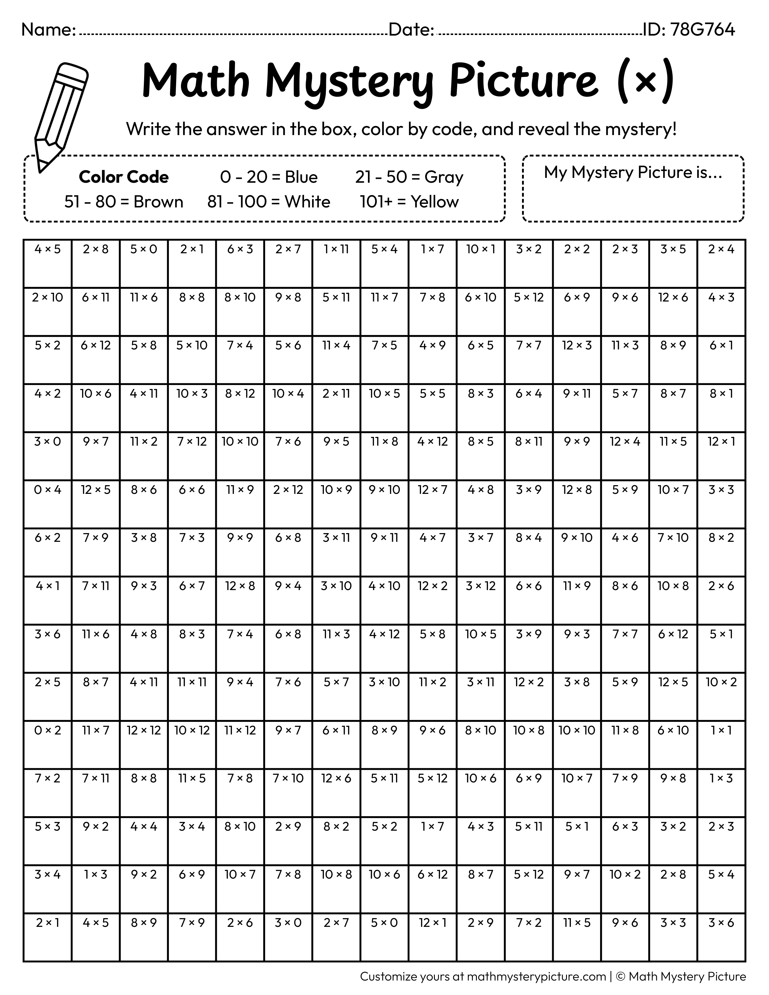 Back to School Blackboard Multiplication Facts Math Mystery Picture Coloring Worksheet