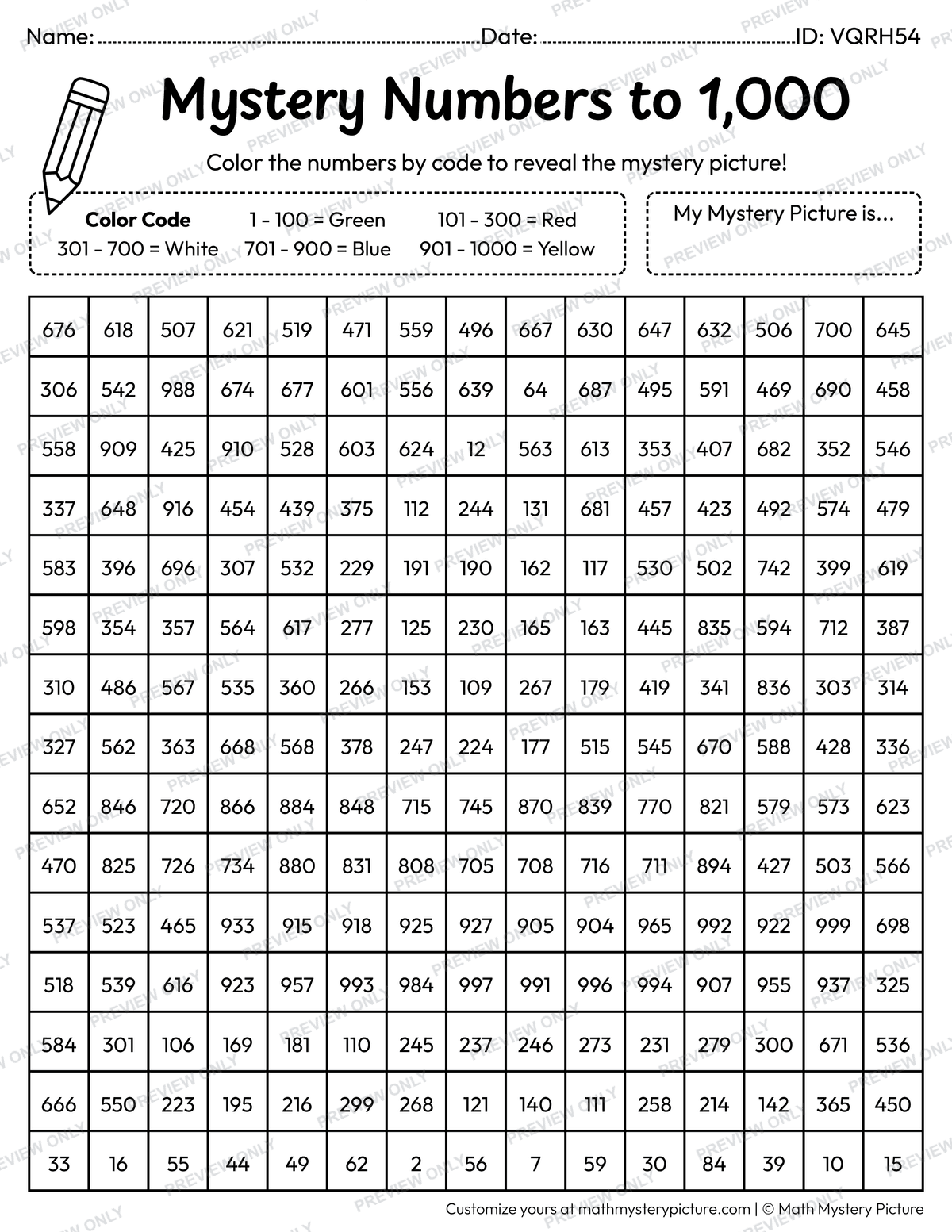 Back to School Apple on Books Numbers to 1,000 Math Mystery Picture Coloring Worksheet