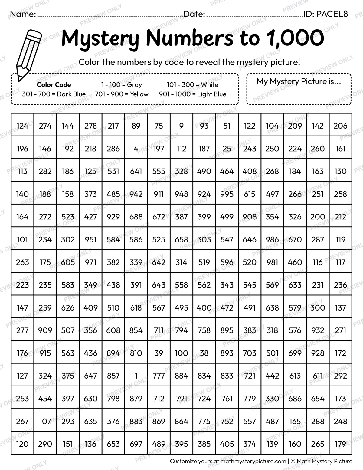 Back to School Backpack Numbers to 1,000 Math Mystery Picture Coloring Worksheet