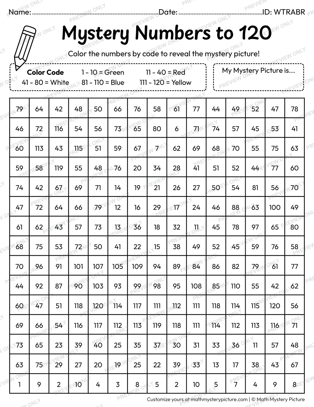 Back to School Apple on Books Numbers to 120 Math Mystery Picture Coloring Worksheet