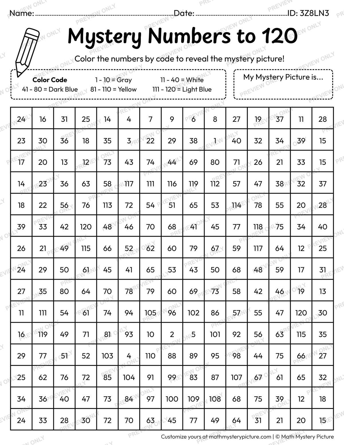 Back to School Backpack Numbers to 120 Math Mystery Picture Coloring Worksheet