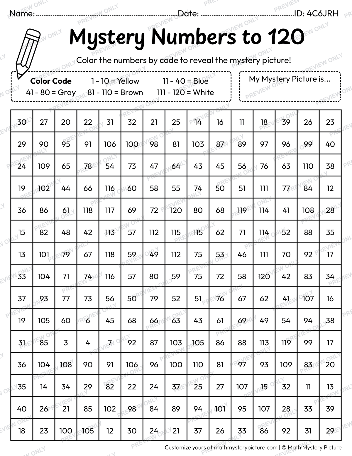 Back to School Blackboard Numbers to 120 Math Mystery Picture Coloring Worksheet