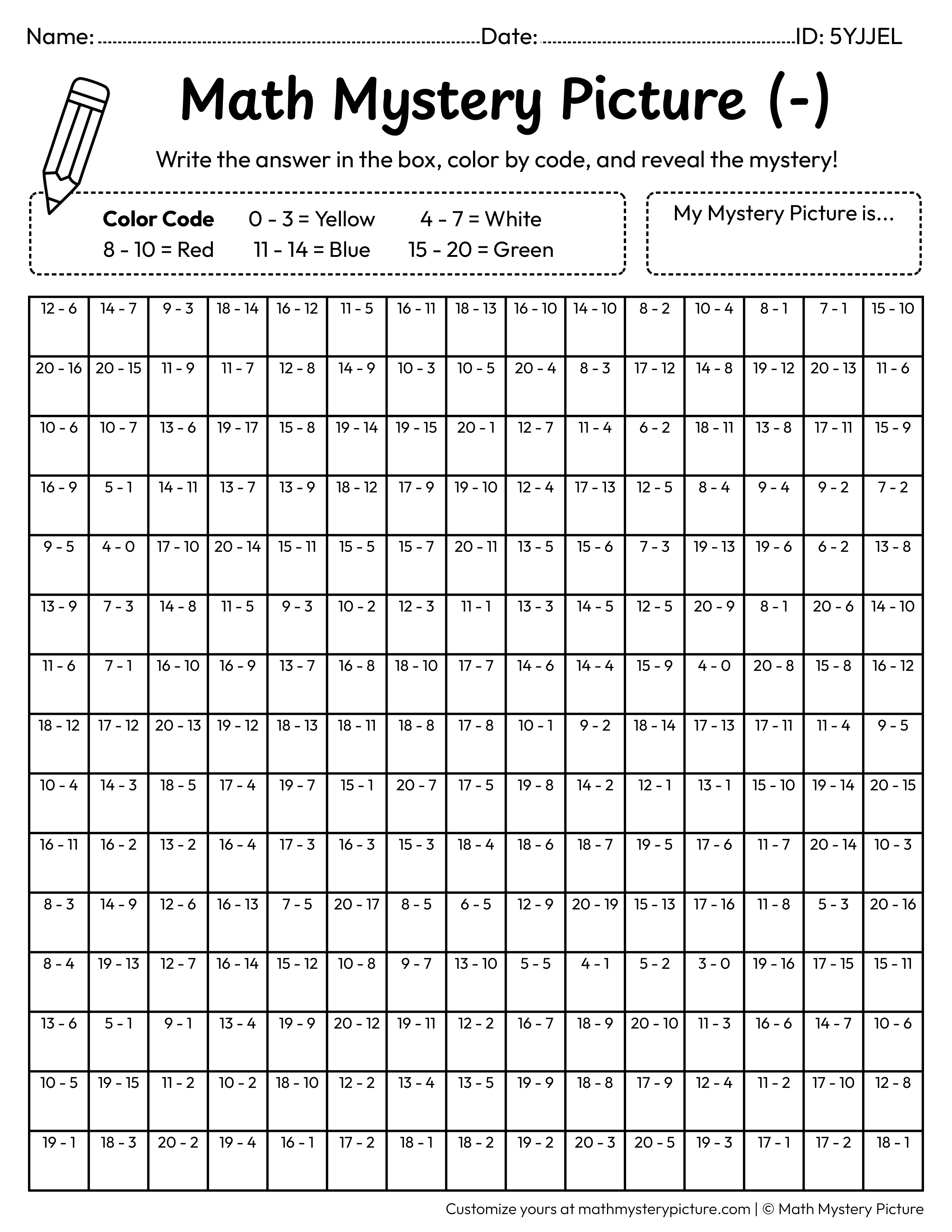 Back to School Apple on Books Subtraction Within 20 Math Mystery Picture Coloring Worksheet