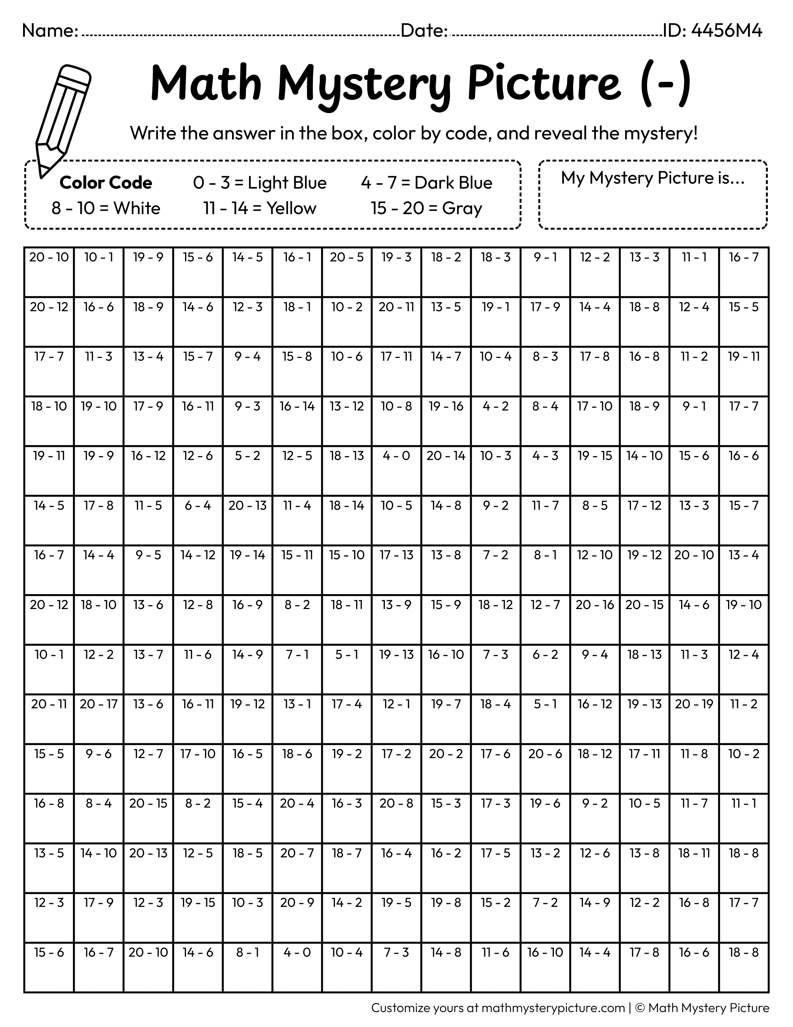 Back to School Backpack Subtraction Within 20 Math Mystery Picture Coloring Worksheet