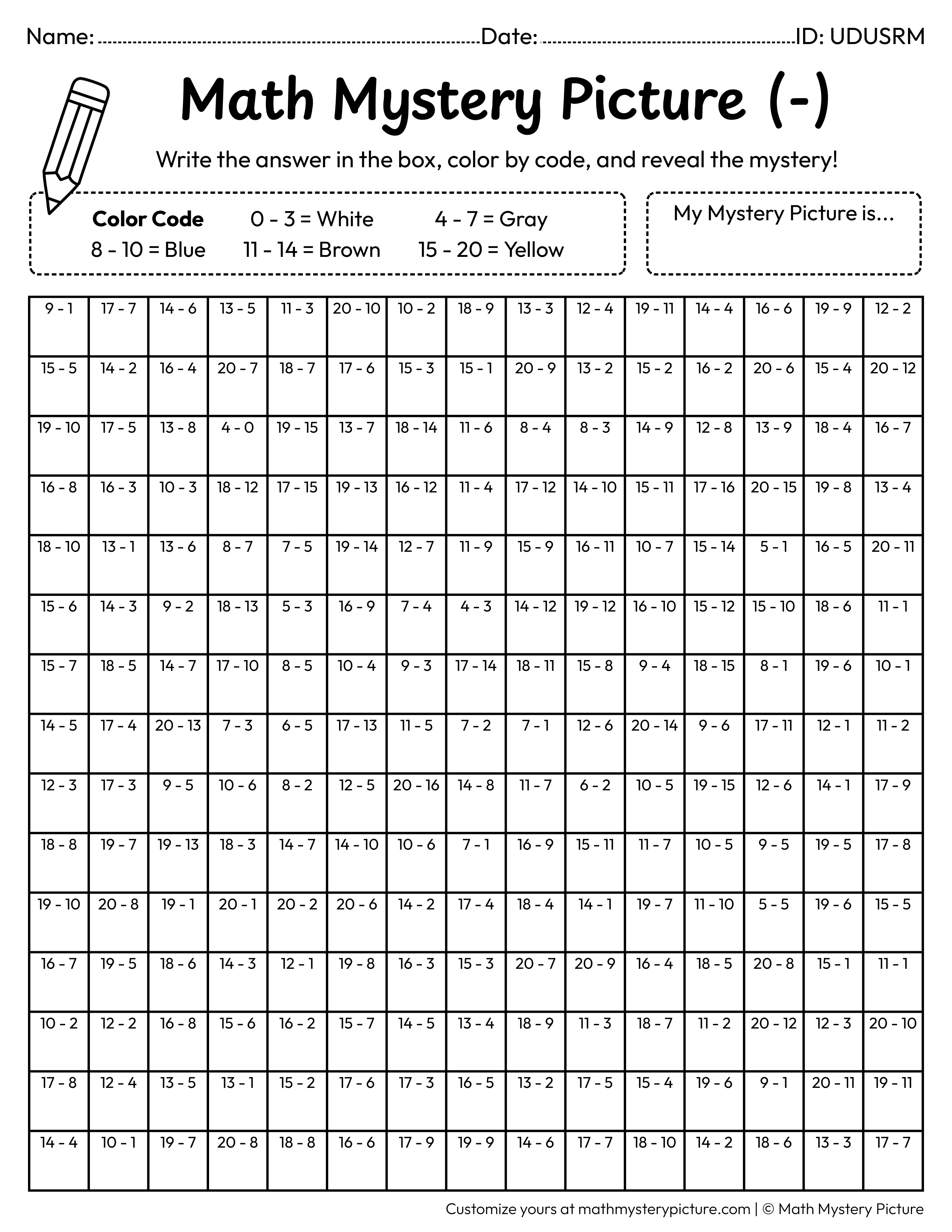 Back to School Blackboard Subtraction Within 20 Math Mystery Picture Coloring Worksheet