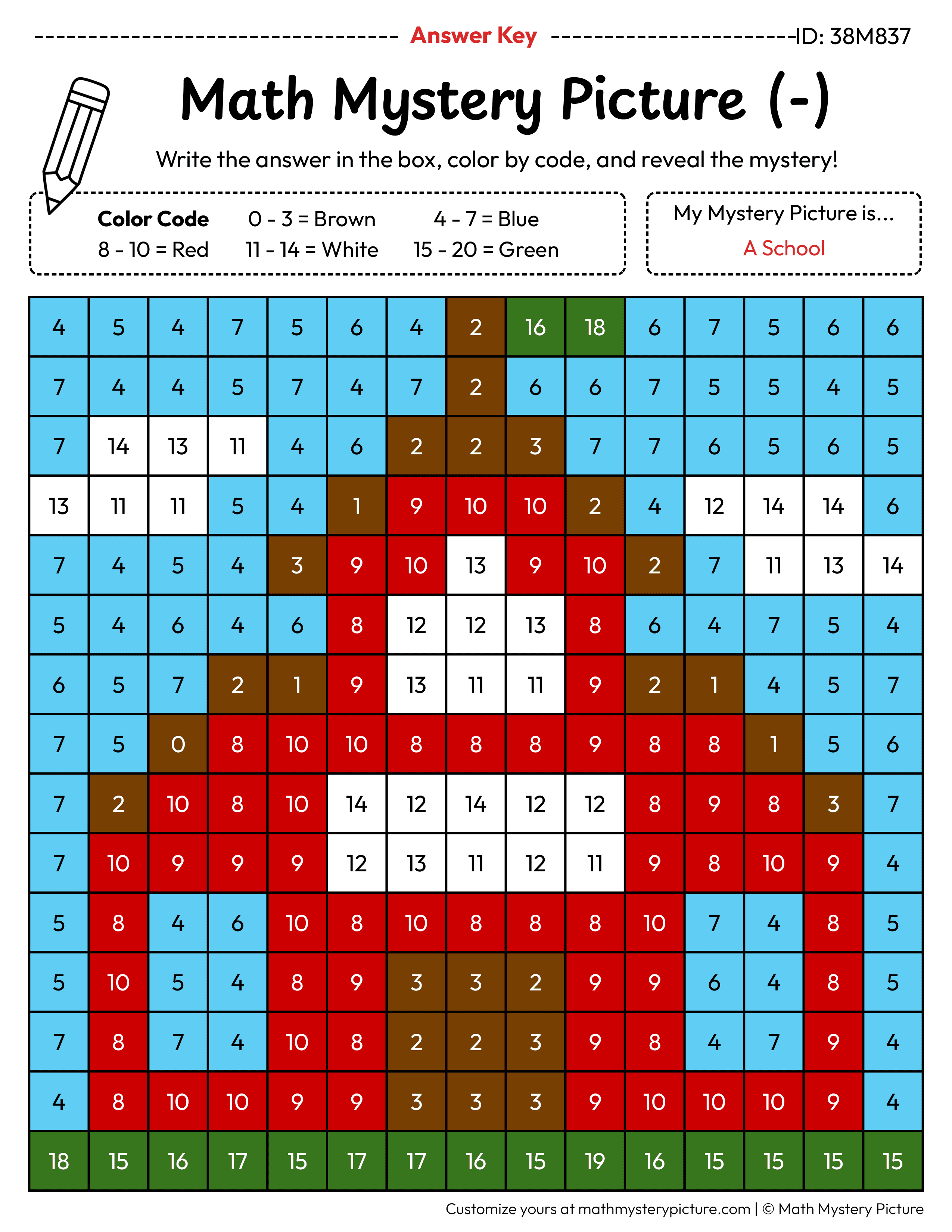 School Subtraction Within 20 Math Mystery Picture Color by Number Answer Key