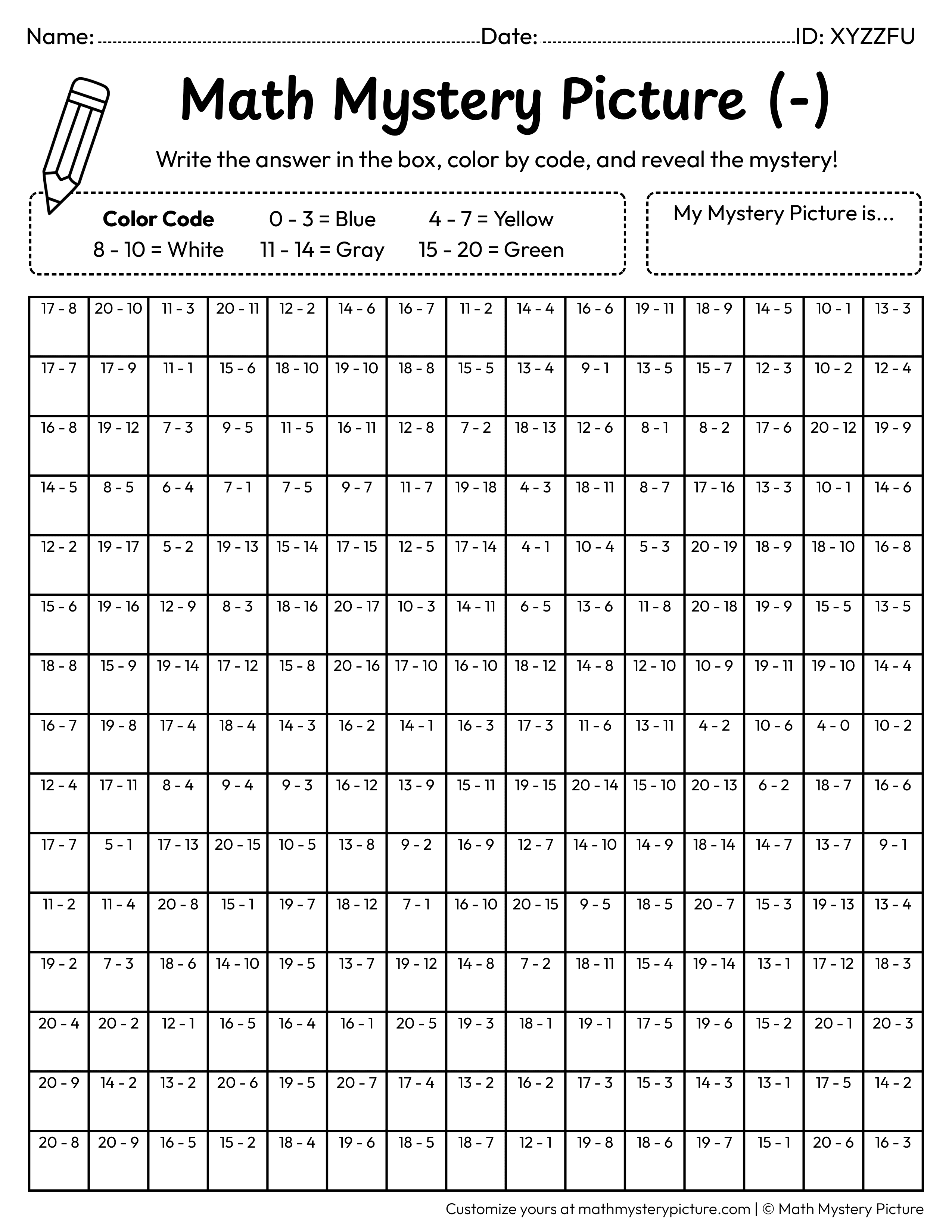 School Bus Subtraction Within 20 Math Mystery Picture Coloring Worksheet