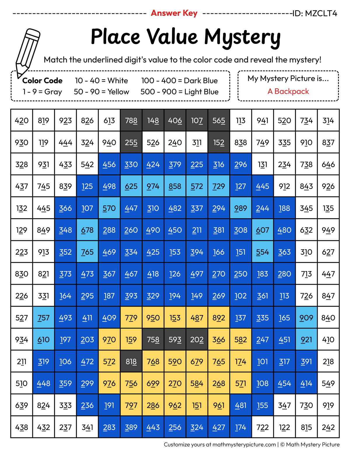 Back to School Backpack Value of Underlined Digit Math Mystery Picture Color by Number Answer Key