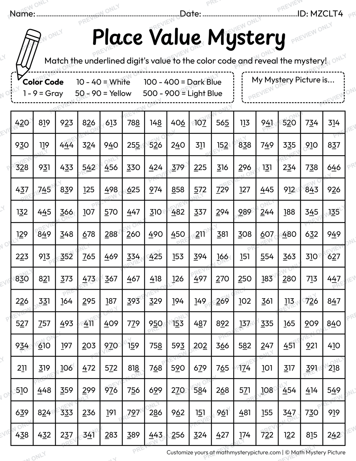 Back to School Backpack Value of Underlined Digit Math Mystery Picture Coloring Worksheet