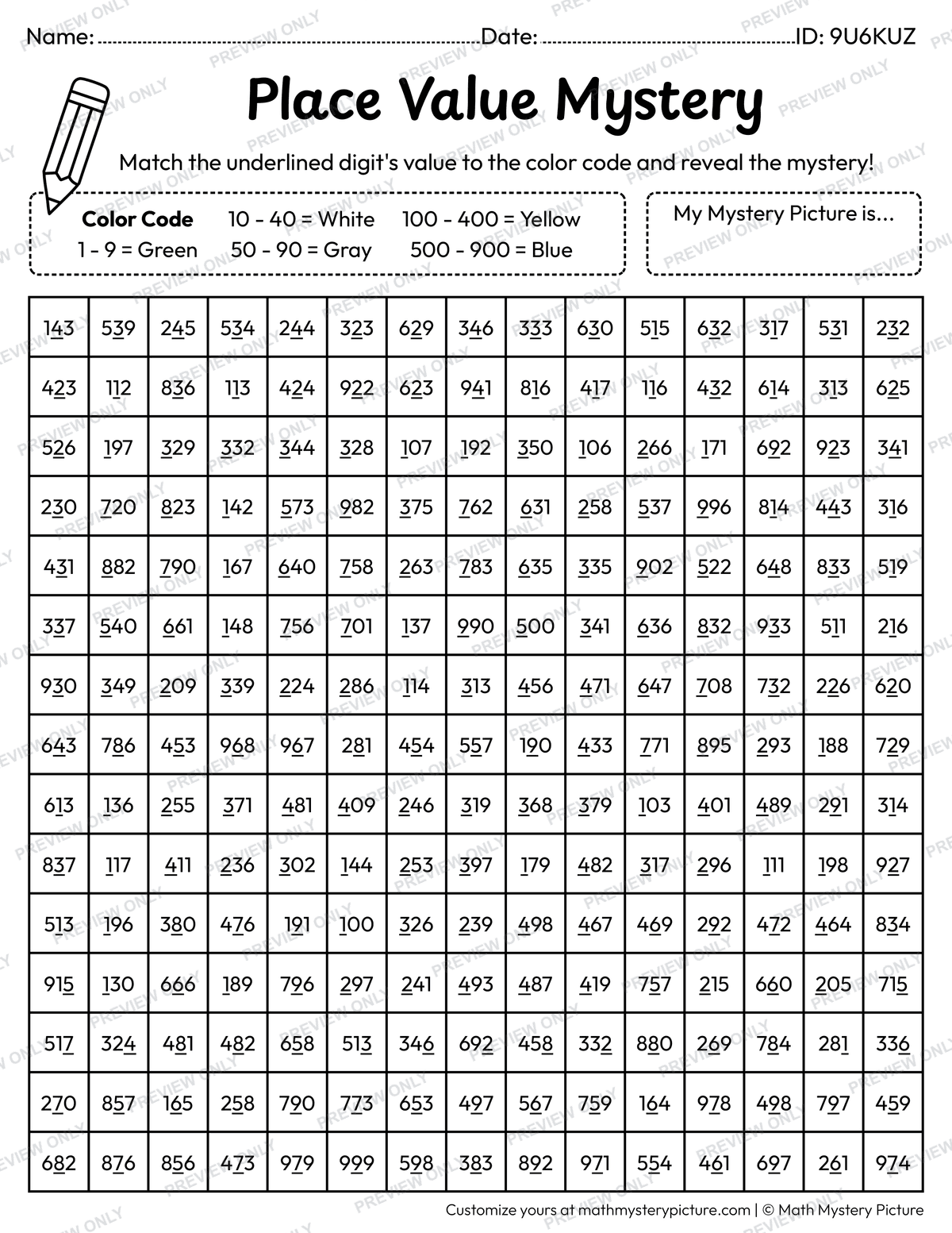 School Bus Value of Underlined Digit Math Mystery Picture Coloring Worksheet