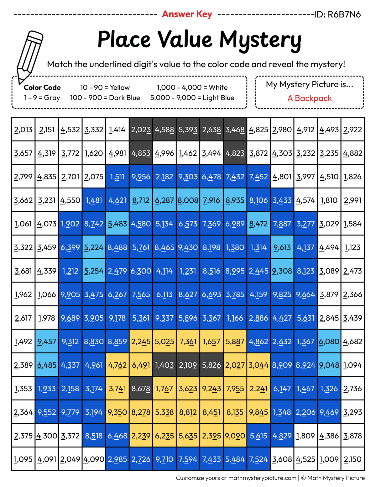 Back to School Backpack Value of Underlined Digit Math Mystery Picture Color by Number Answer Key
