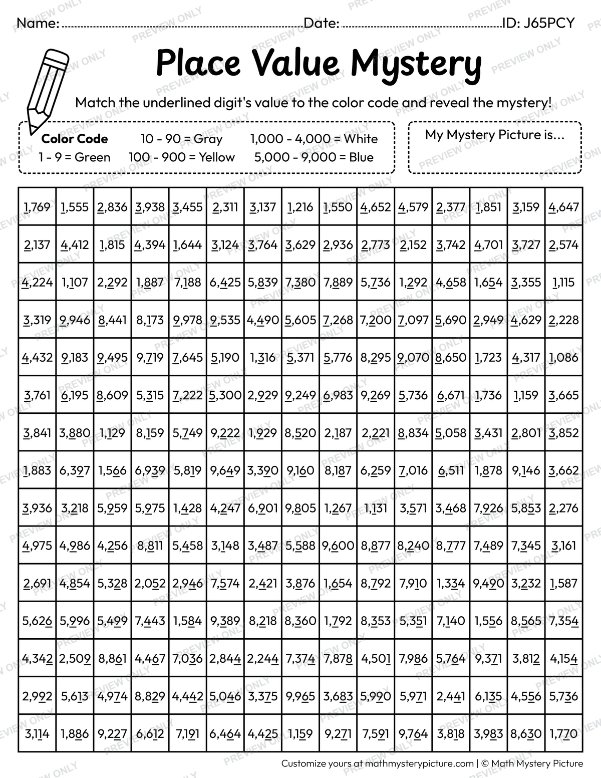 School Bus Value of Underlined Digit Math Mystery Picture Coloring Worksheet