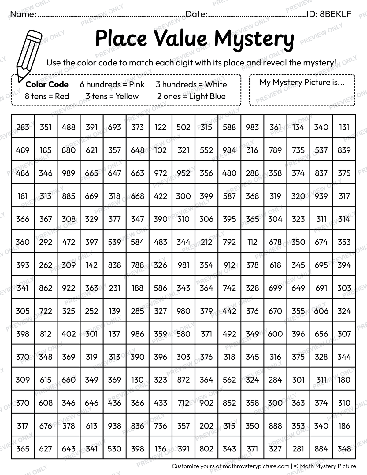 Birthday Message 3-digit Place Value Math Mystery Picture Coloring Worksheet