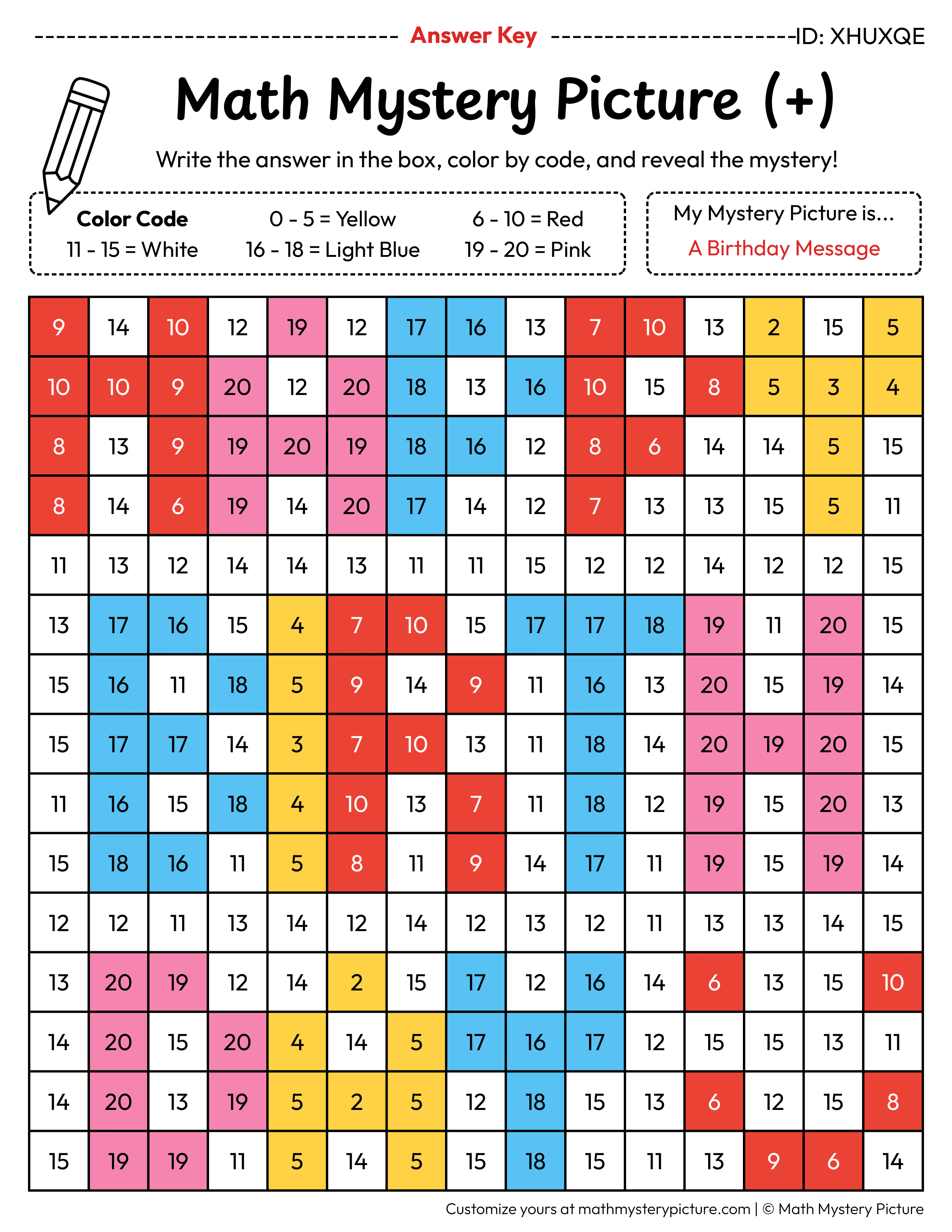 Birthday Message Addition Within 20 Math Mystery Picture Color by Number Answer Key