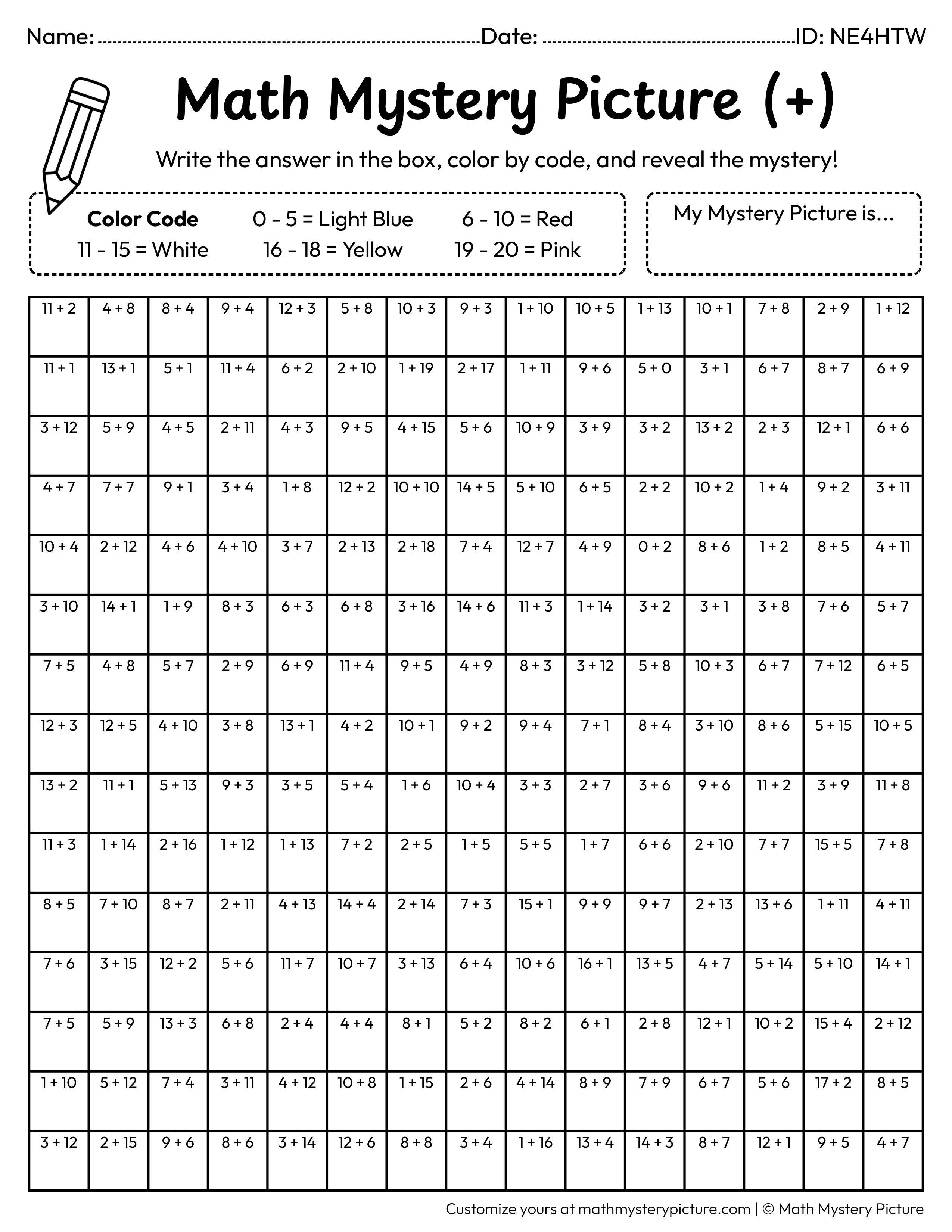 Birthday Present Addition Within 20 Math Mystery Picture Coloring Worksheet