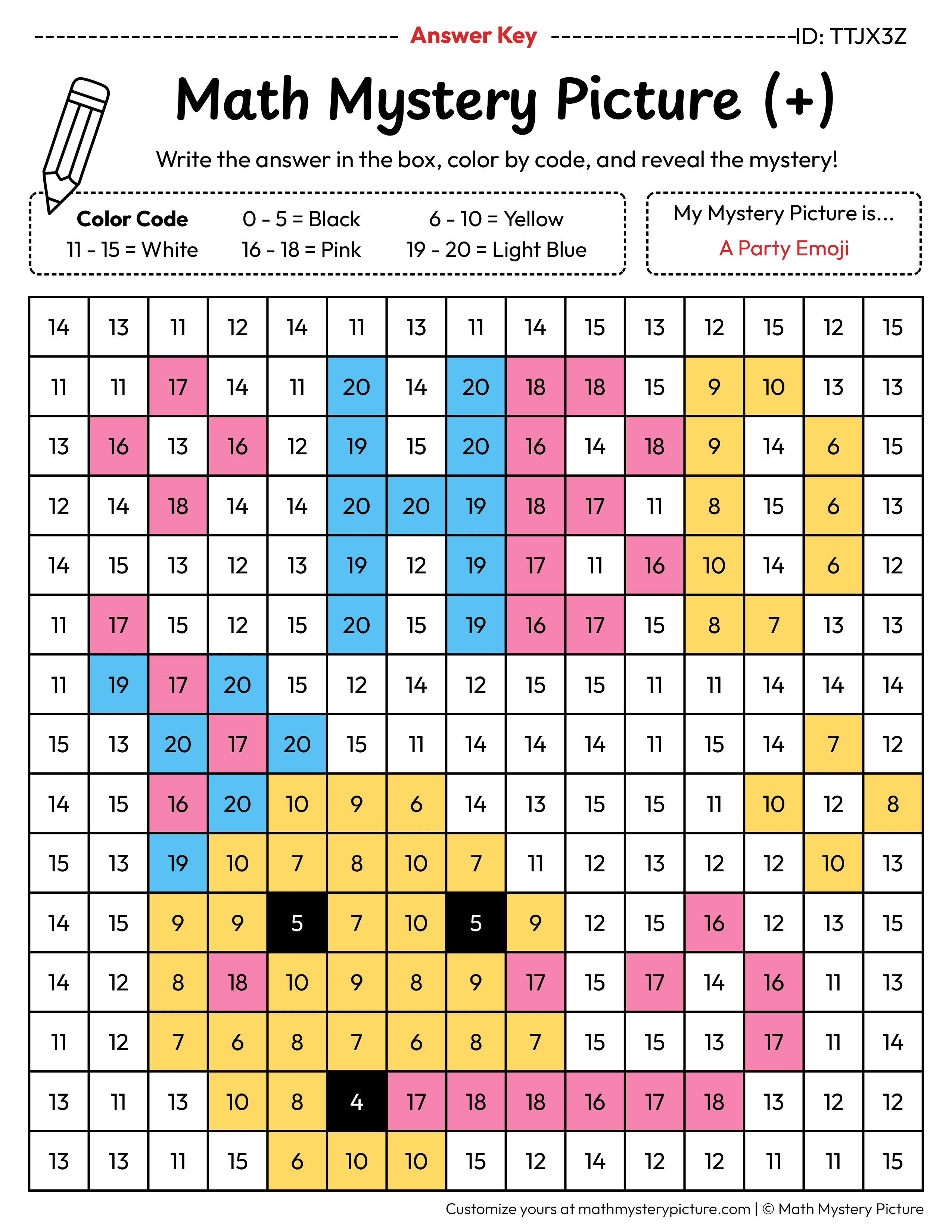 Birthday Party Emoji Addition Within 20 Math Mystery Picture Color by Number Answer Key