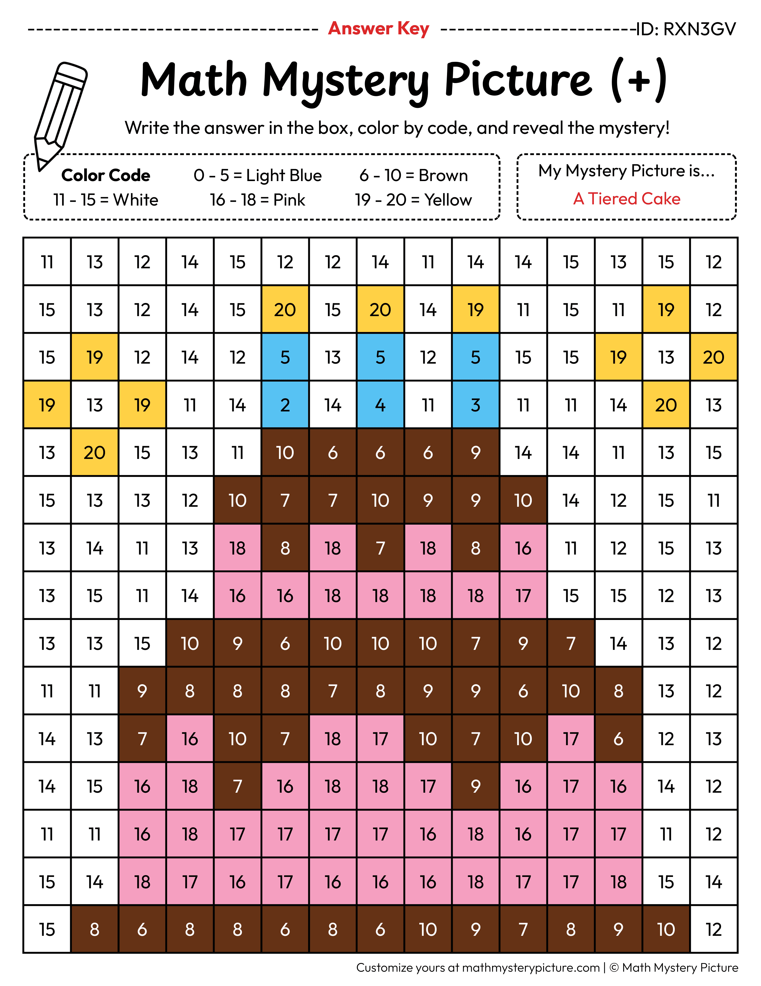 Birthday Tiered Cake Addition Within 20 Math Mystery Picture Color by Number Answer Key