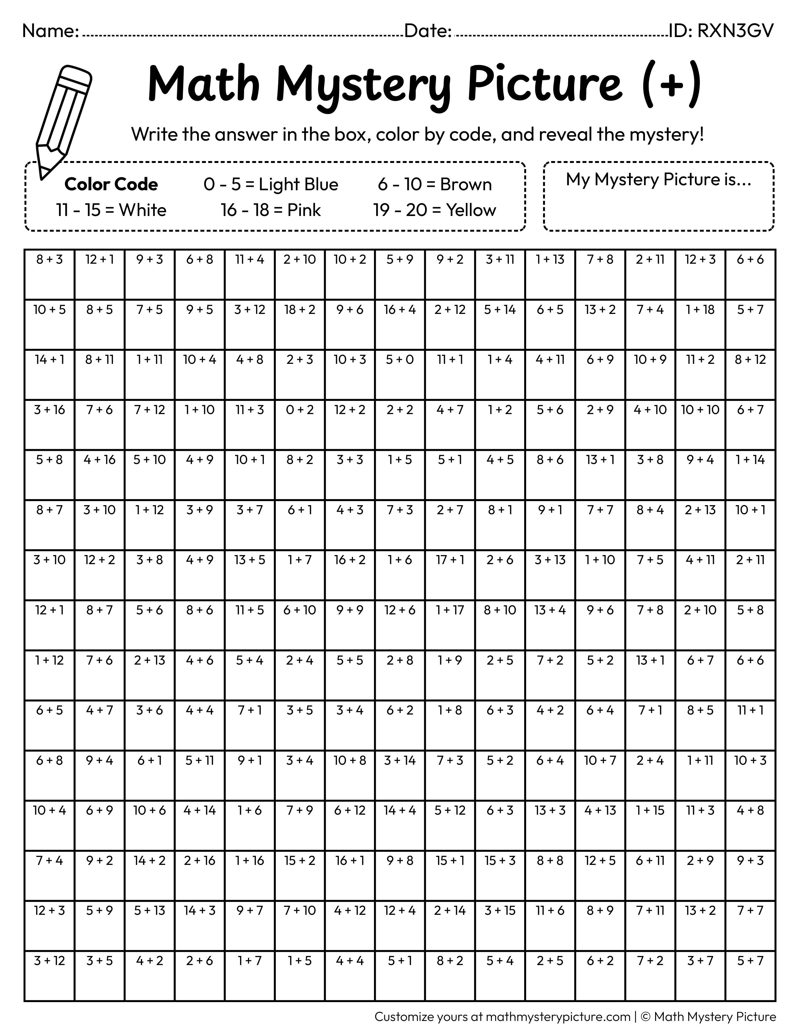 Birthday Tiered Cake Addition Within 20 Math Mystery Picture Coloring Worksheet