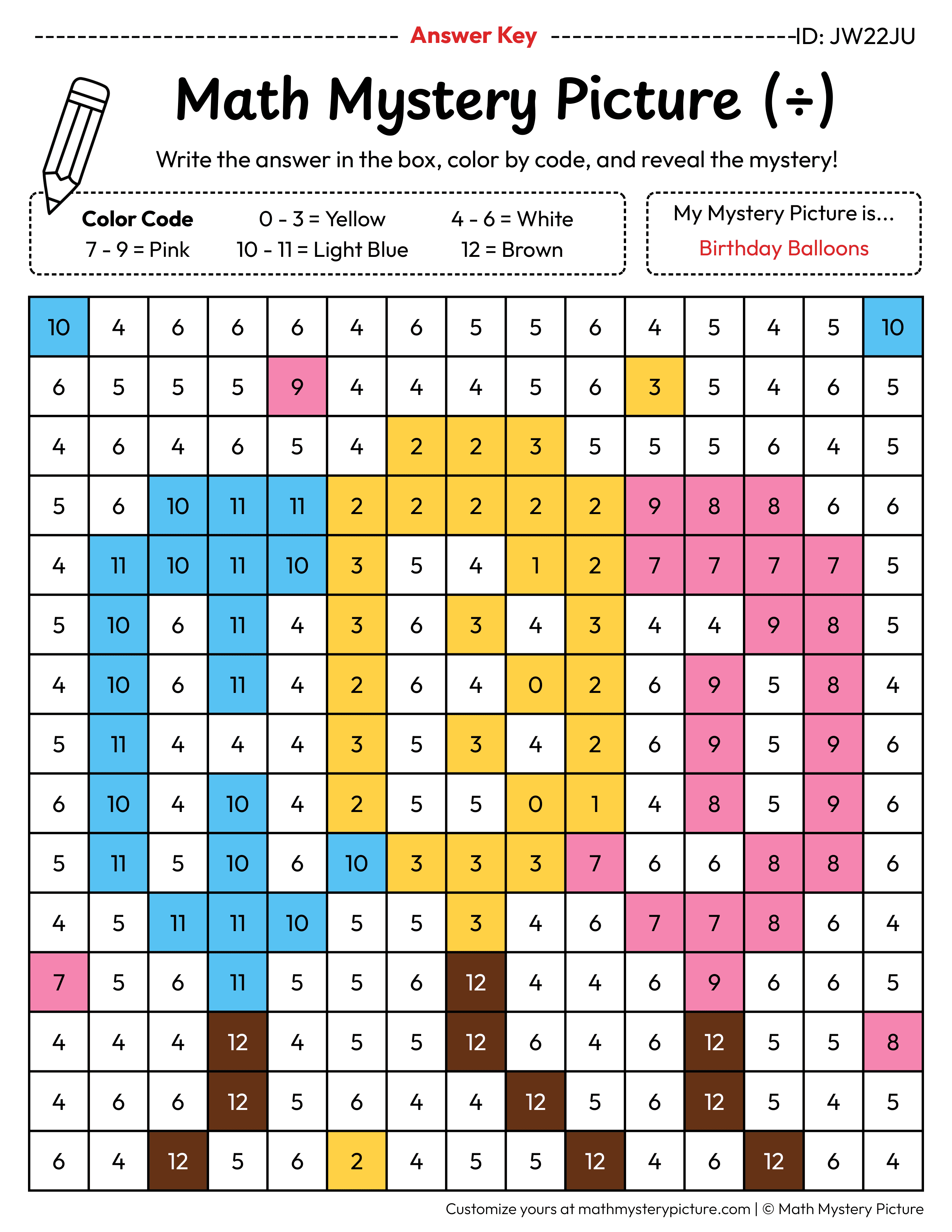 Birthday Balloons Division Facts Math Mystery Picture Color by Number Answer Key