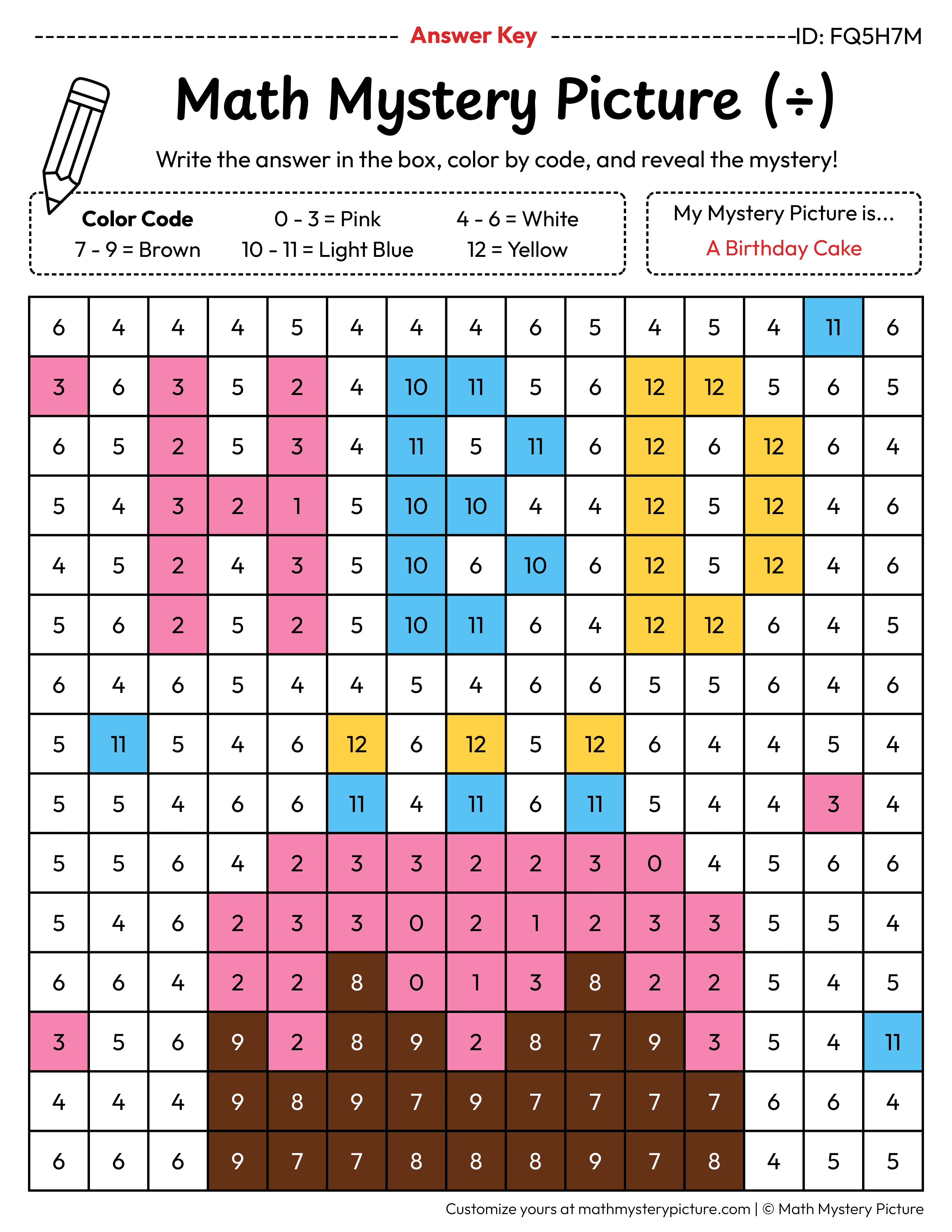 Birthday Cake Division Facts Math Mystery Picture Color by Number Answer Key