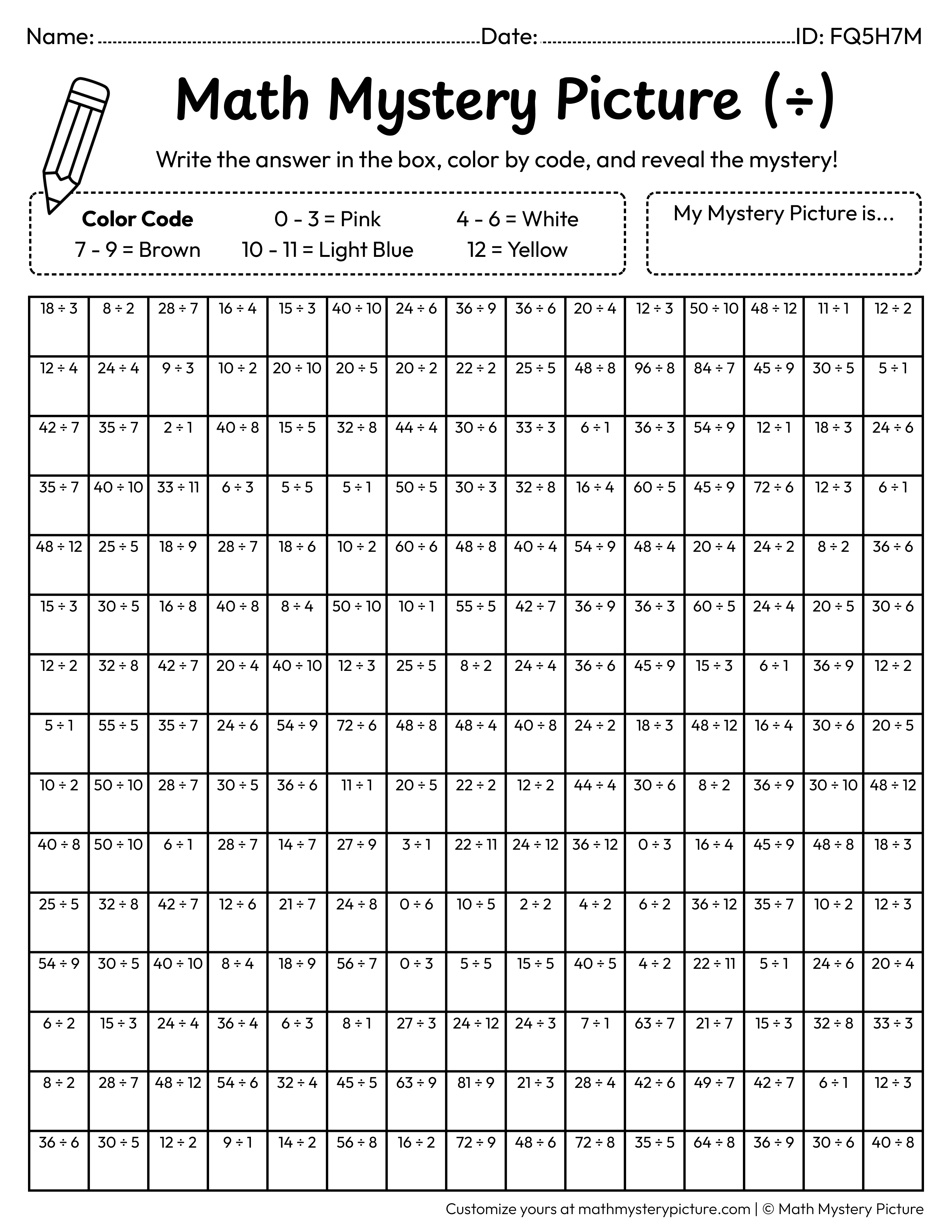 Birthday Cake Division Facts Math Mystery Picture Coloring Worksheet