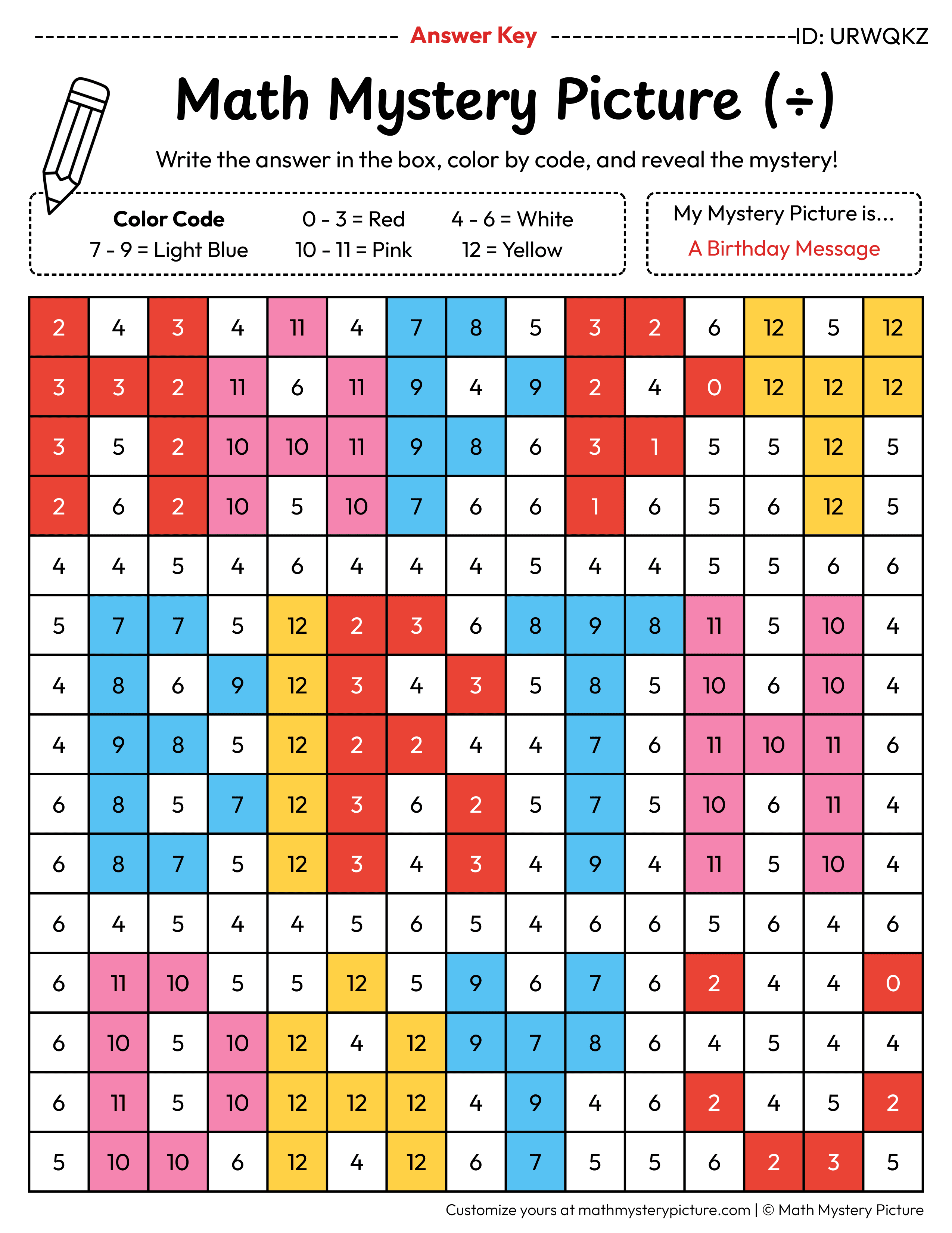 Birthday Message Division Facts Math Mystery Picture Color by Number Answer Key