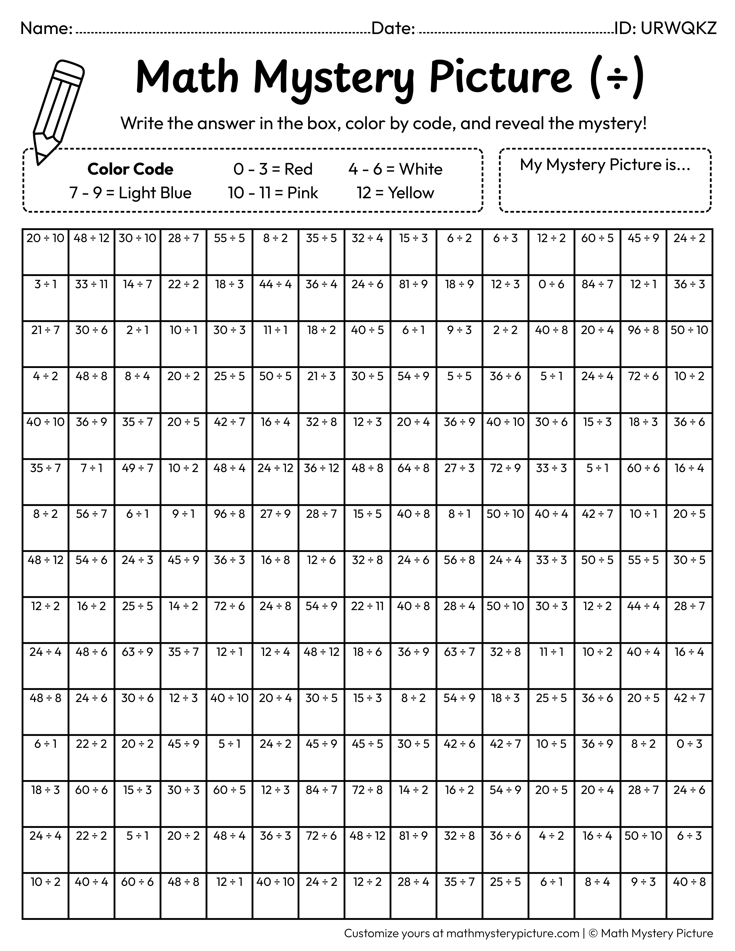 Birthday Message Division Facts Math Mystery Picture Coloring Worksheet