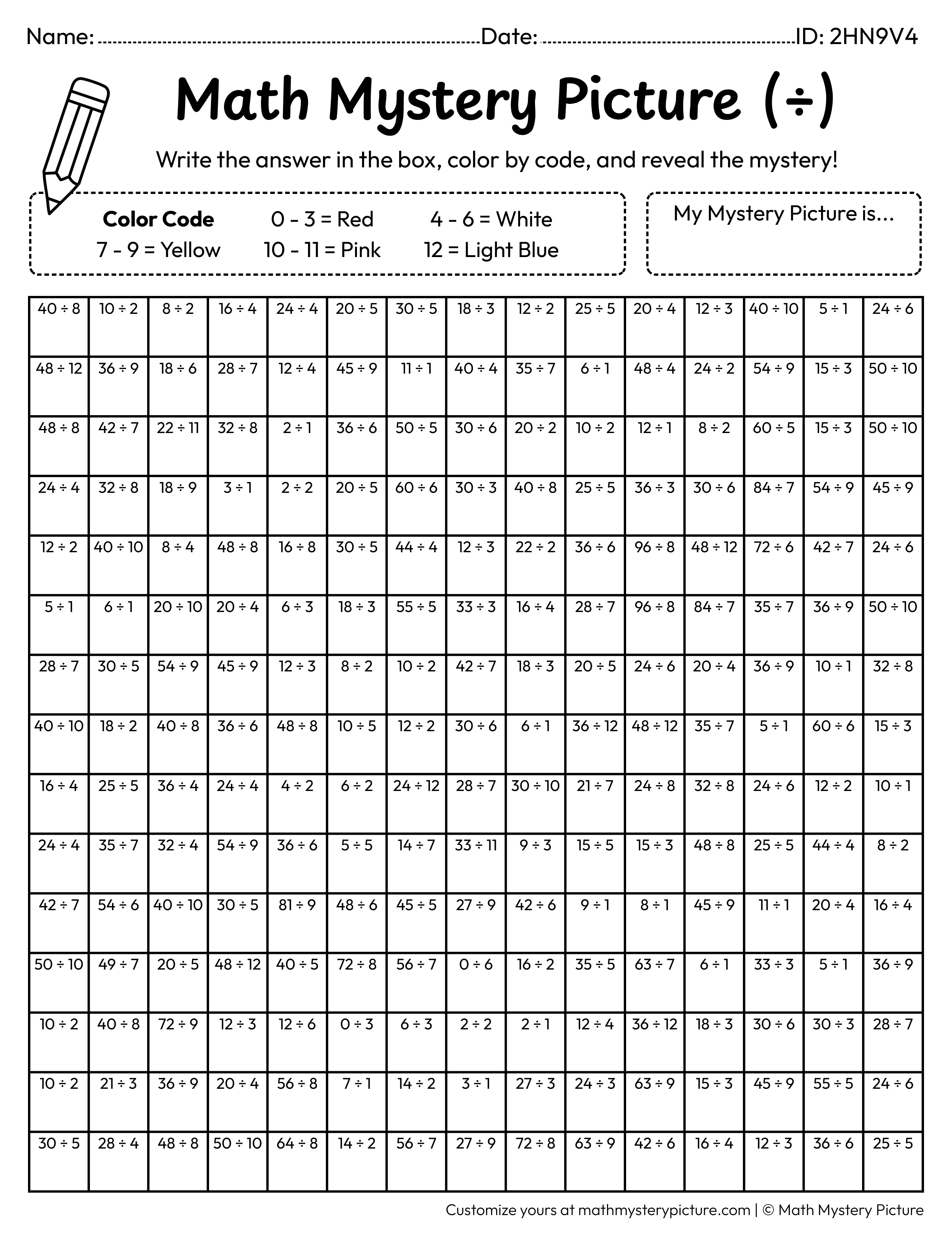 Birthday Present Division Facts Math Mystery Picture Coloring Worksheet