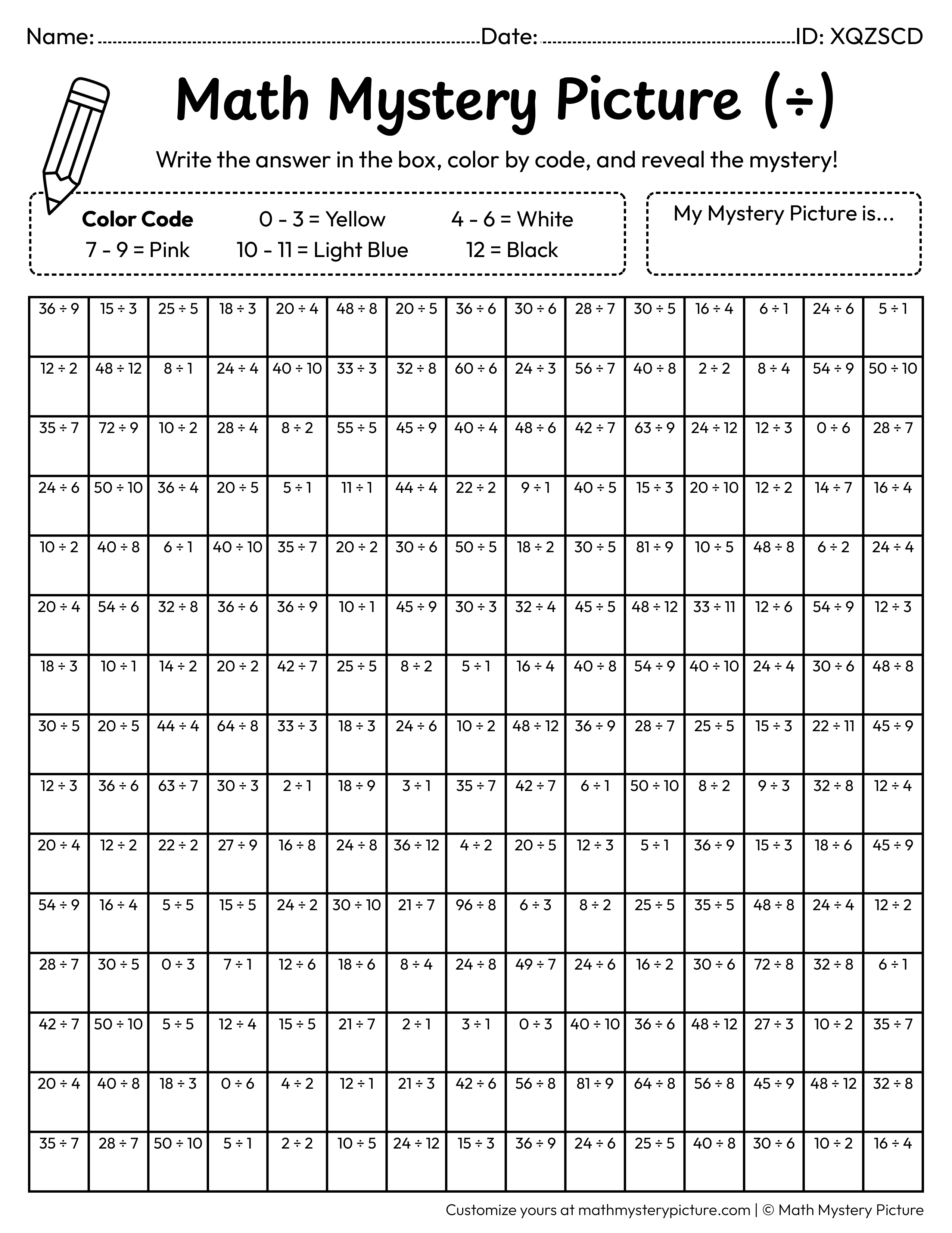 Birthday Party Emoji Division Facts Math Mystery Picture Coloring Worksheet
