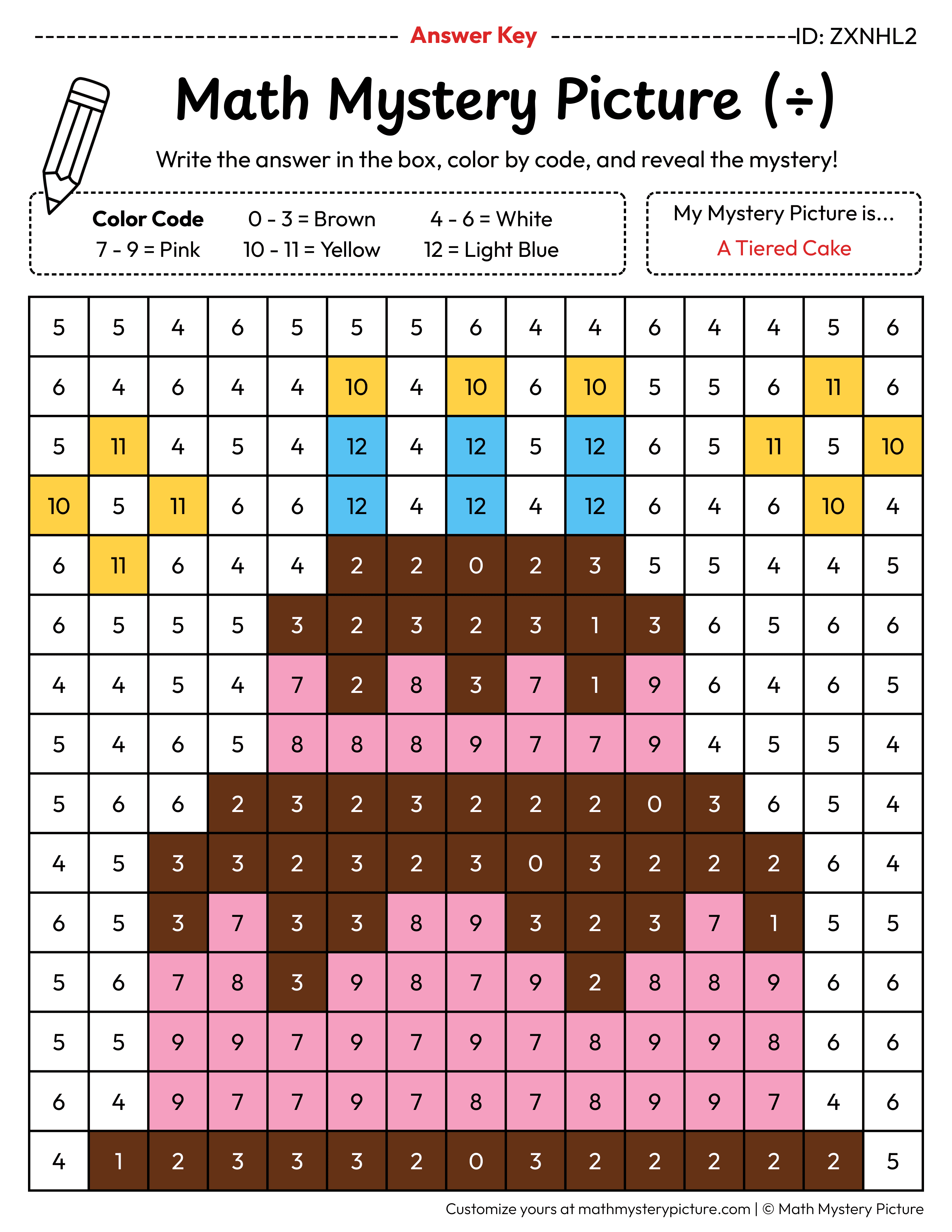 Birthday Tiered Cake Division Facts Math Mystery Picture Color by Number Answer Key