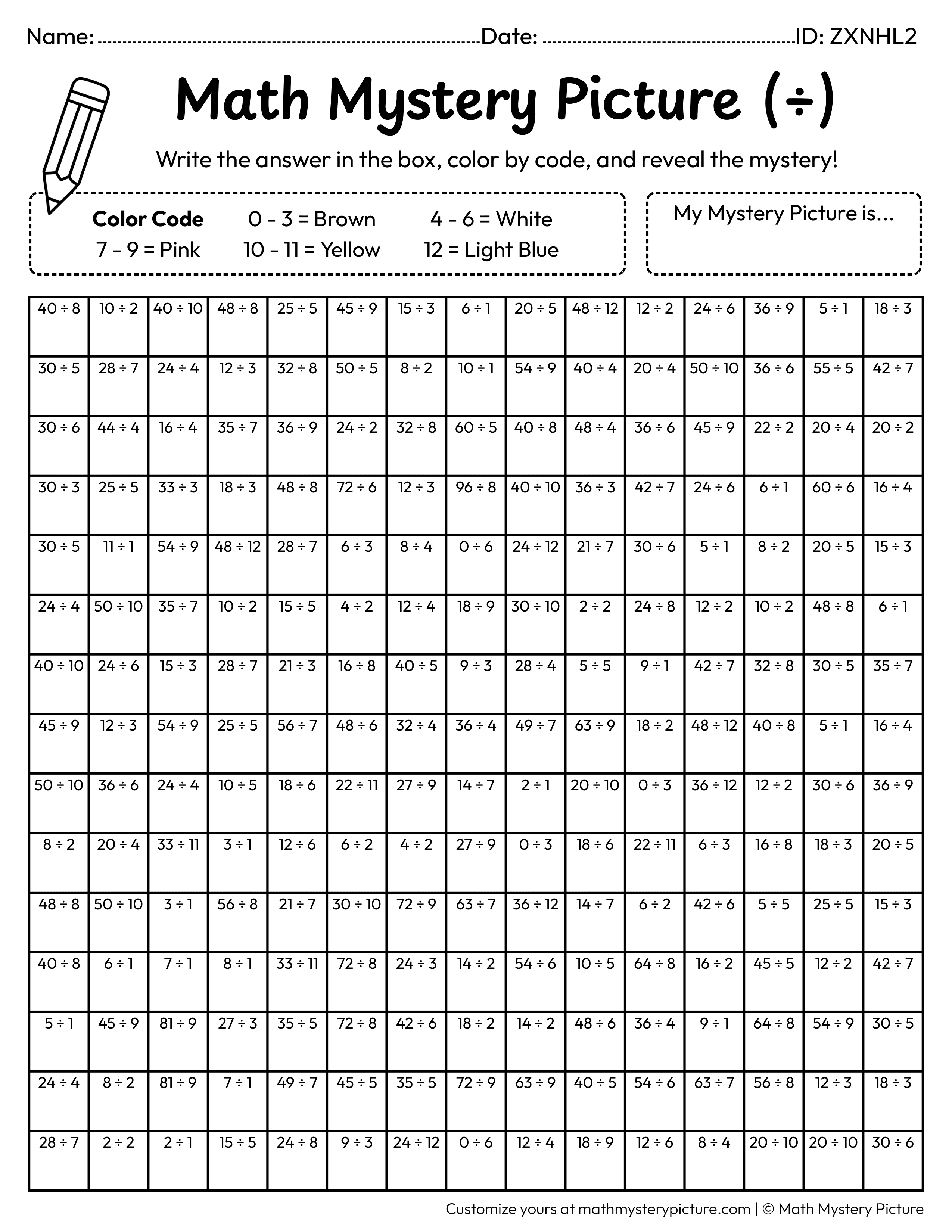 Birthday Tiered Cake Division Facts Math Mystery Picture Coloring Worksheet
