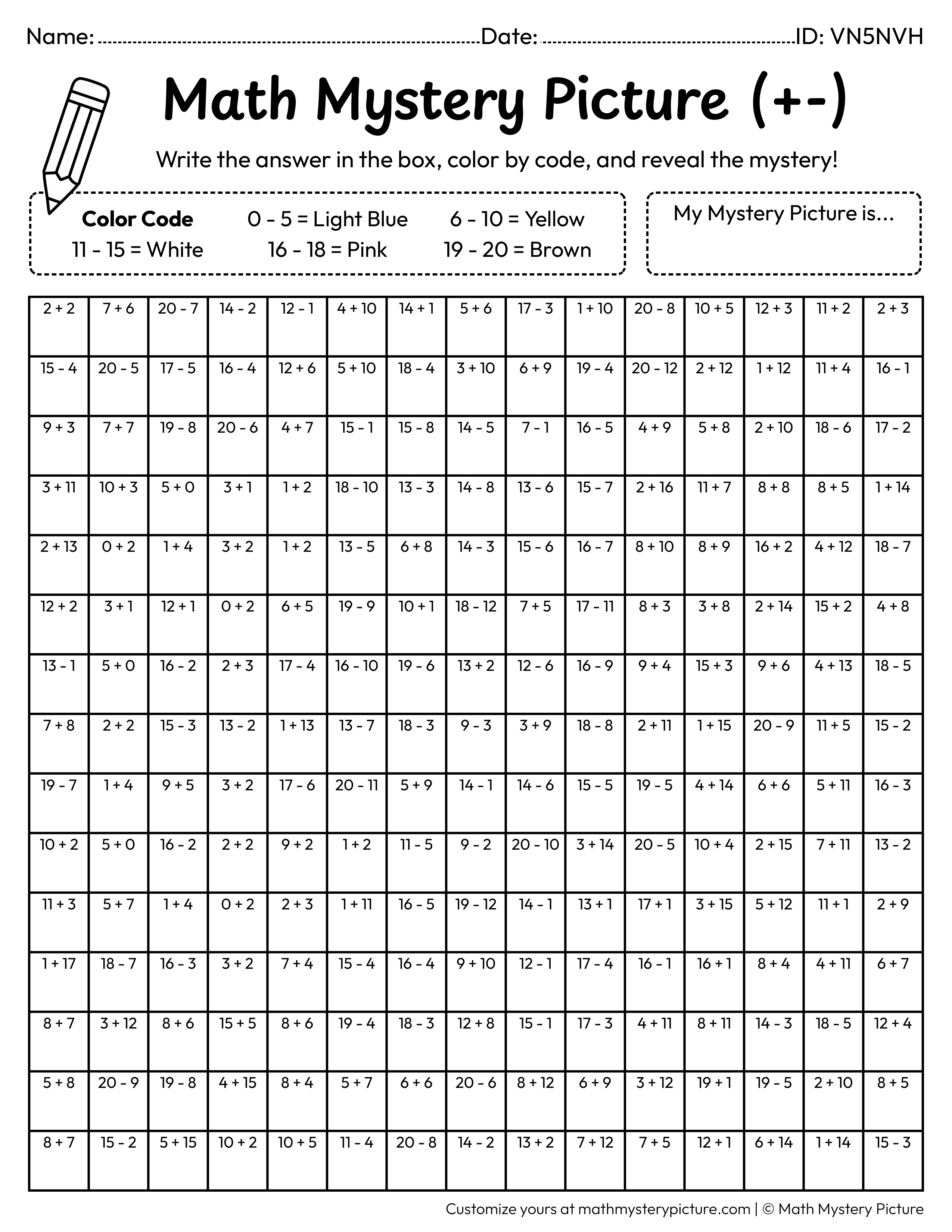 Birthday Balloons Mixed Addition and Subtraction Within 20 Math Mystery Picture Coloring Worksheet