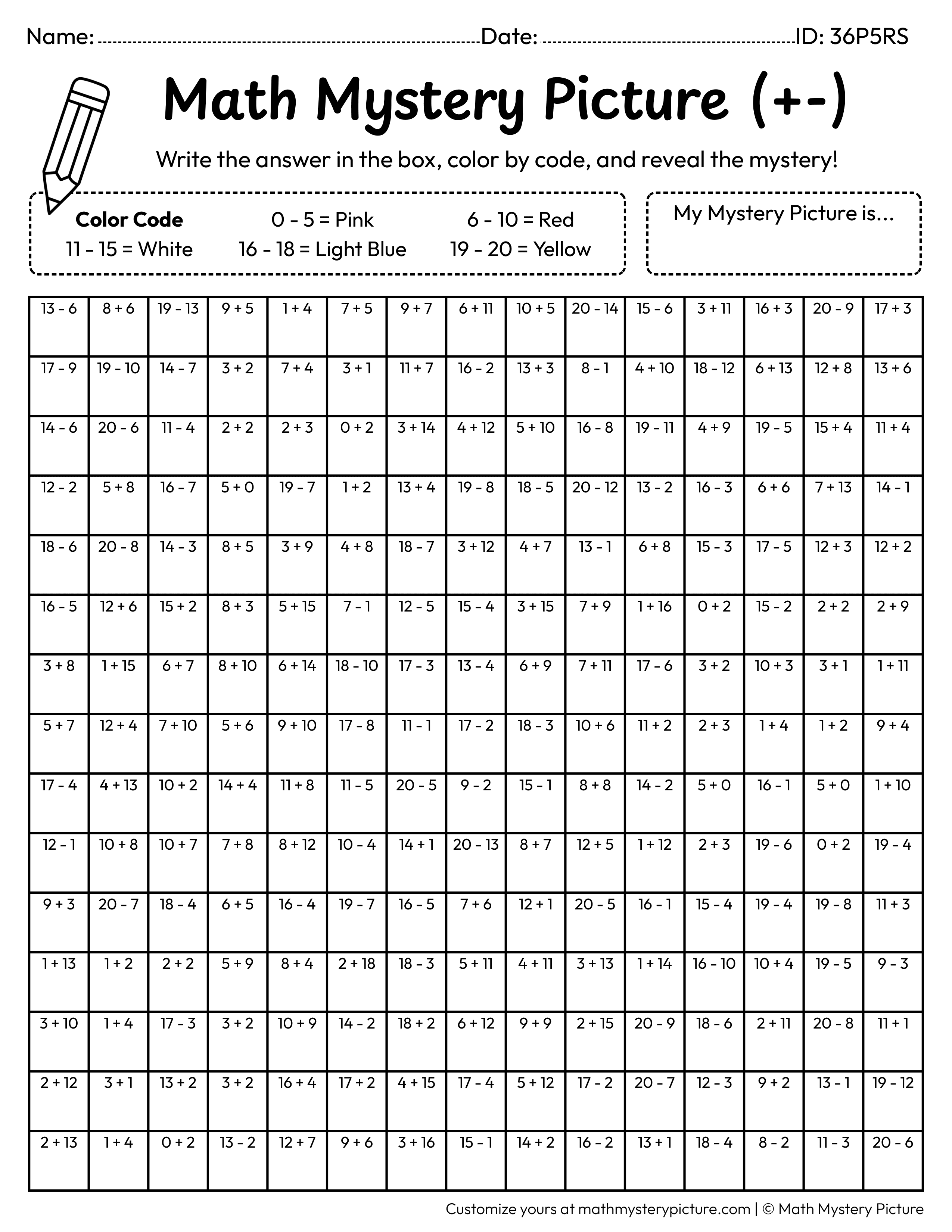 Birthday Message Mixed Addition and Subtraction Within 20 Math Mystery Picture Coloring Worksheet
