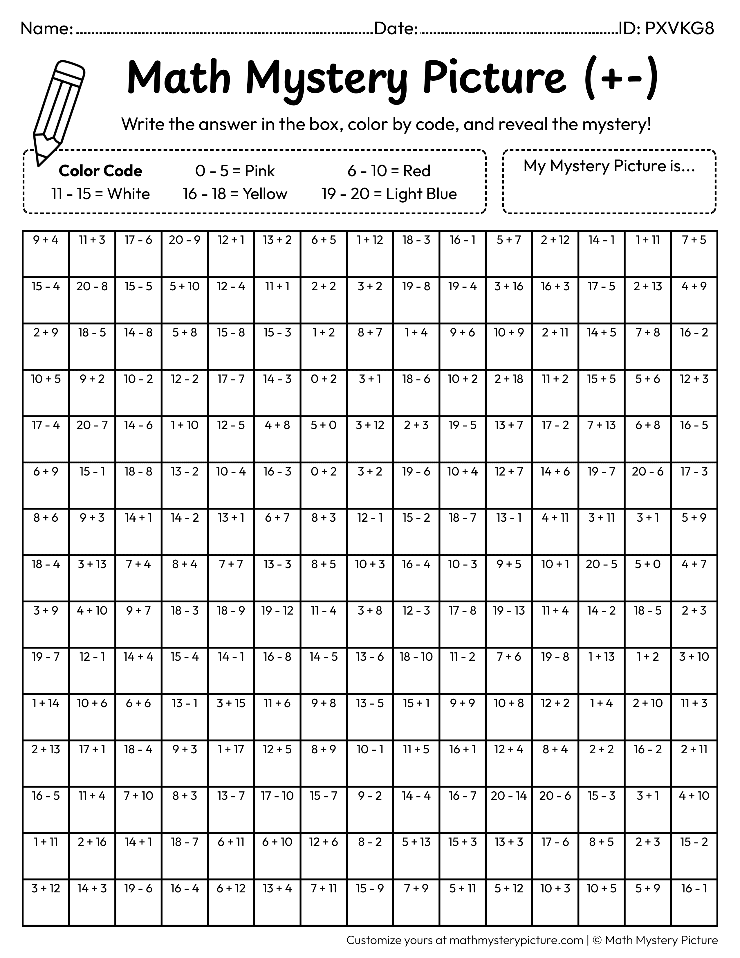 Birthday Present Mixed Addition and Subtraction Within 20 Math Mystery Picture Coloring Worksheet