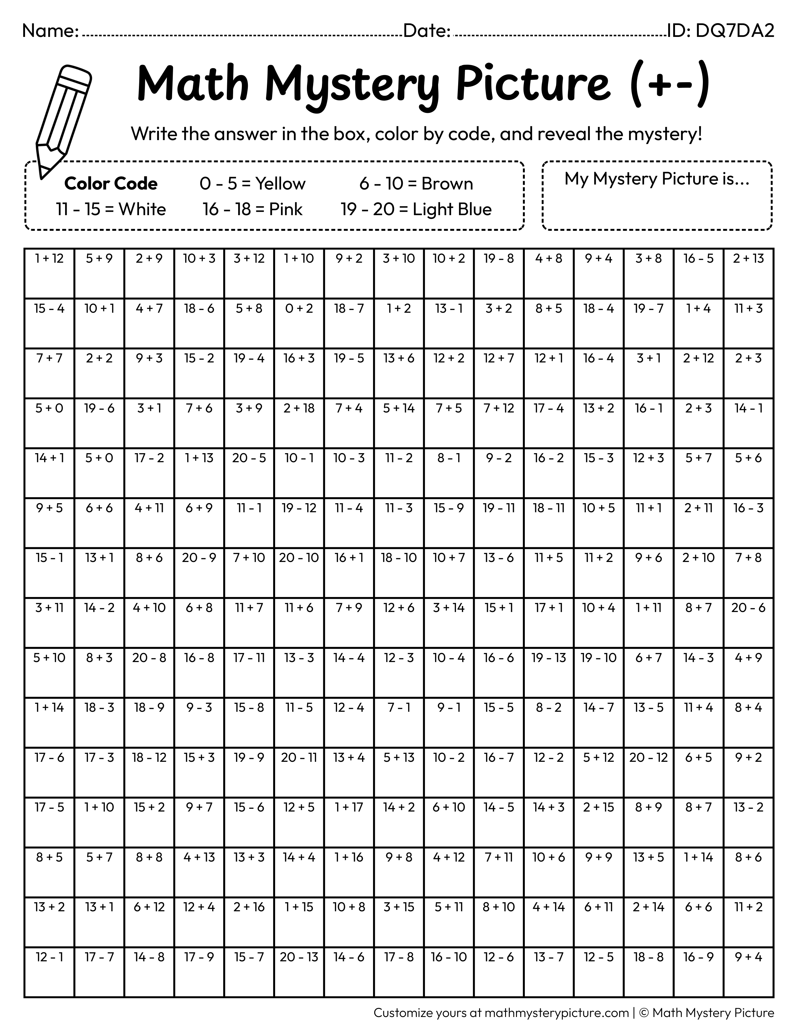 Birthday Tiered Cake Mixed Addition and Subtraction Within 20 Math Mystery Picture Coloring Worksheet