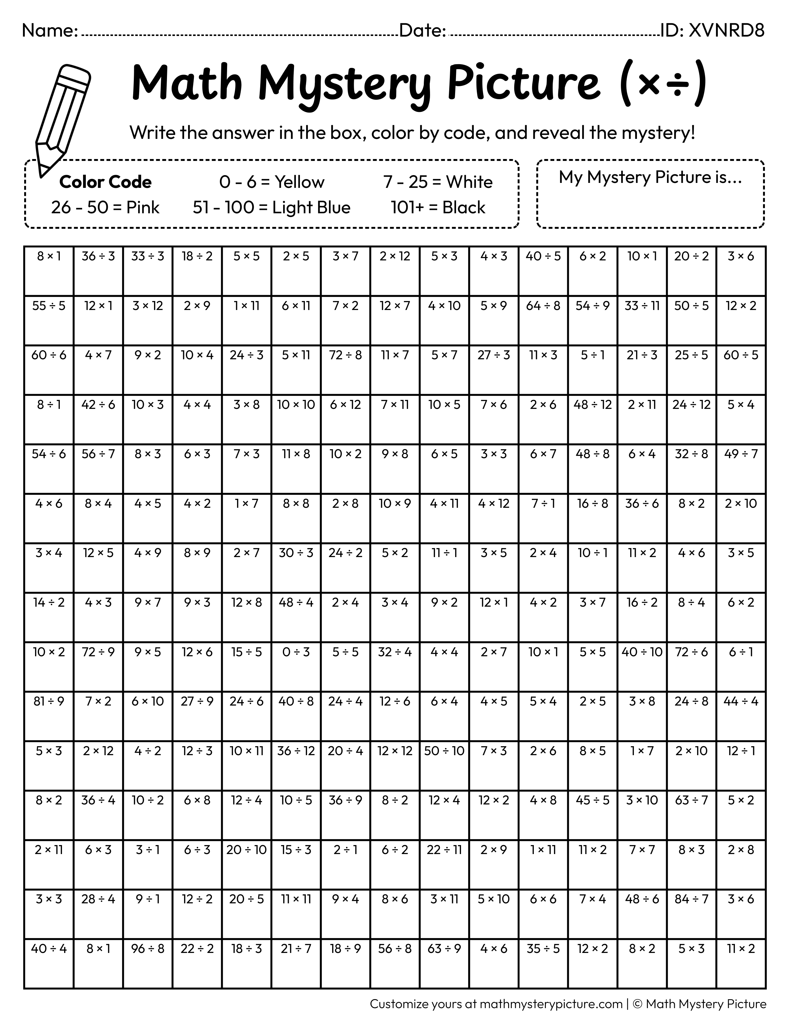 Birthday Party Emoji Mixed Multiplication and Division Facts Math Mystery Picture Coloring Worksheet