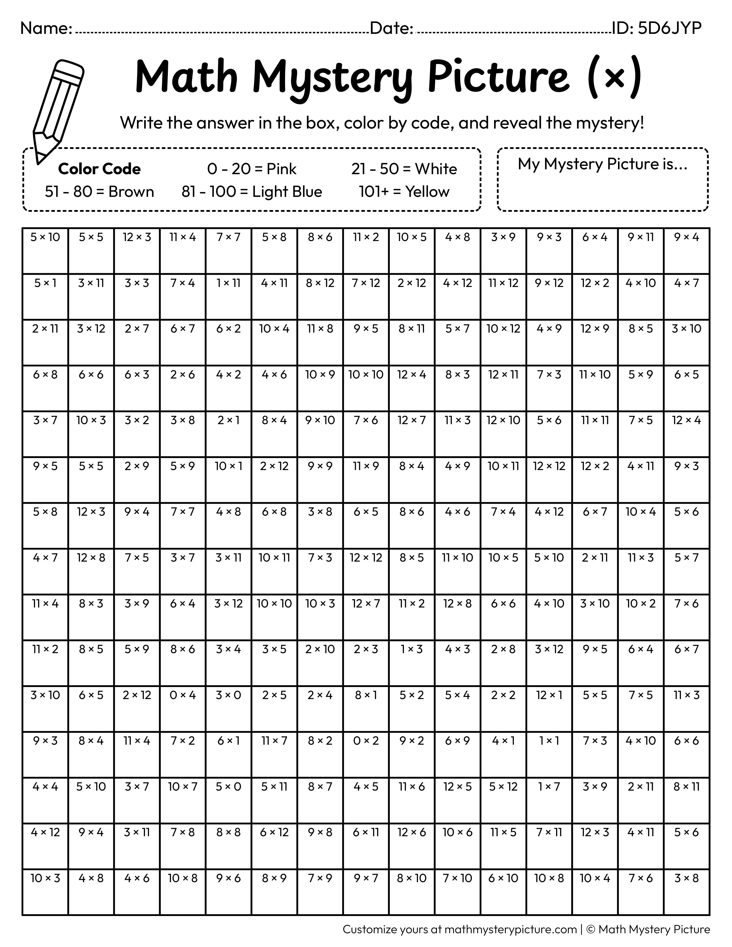 Birthday Cake Multiplication Facts Math Mystery Picture Coloring Worksheet