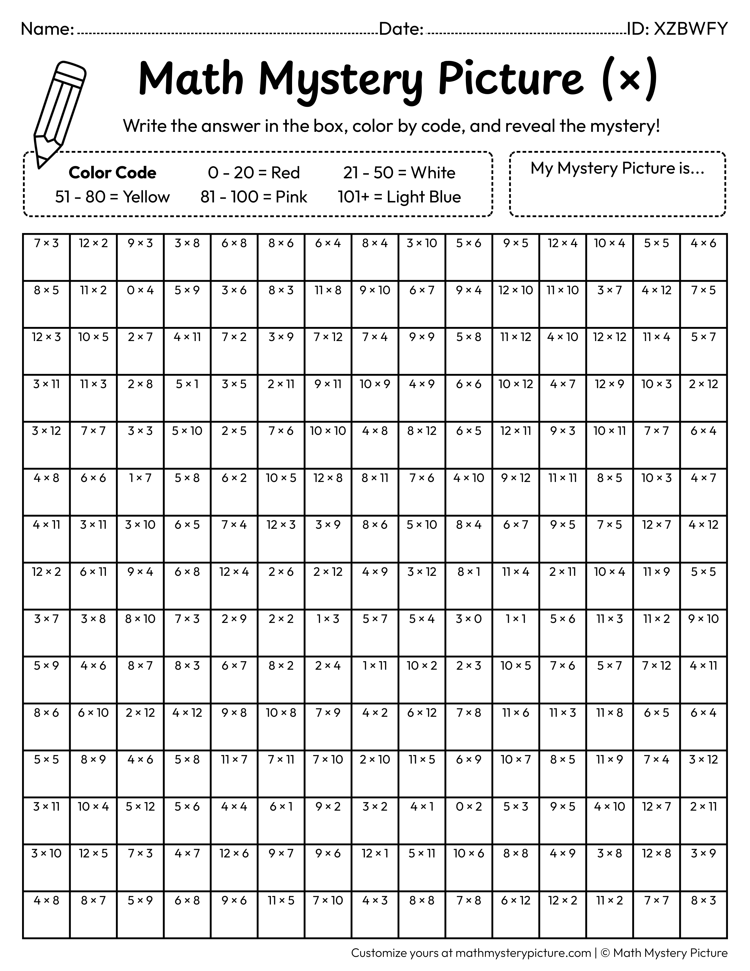 Birthday Present Multiplication Facts Math Mystery Picture Coloring Worksheet