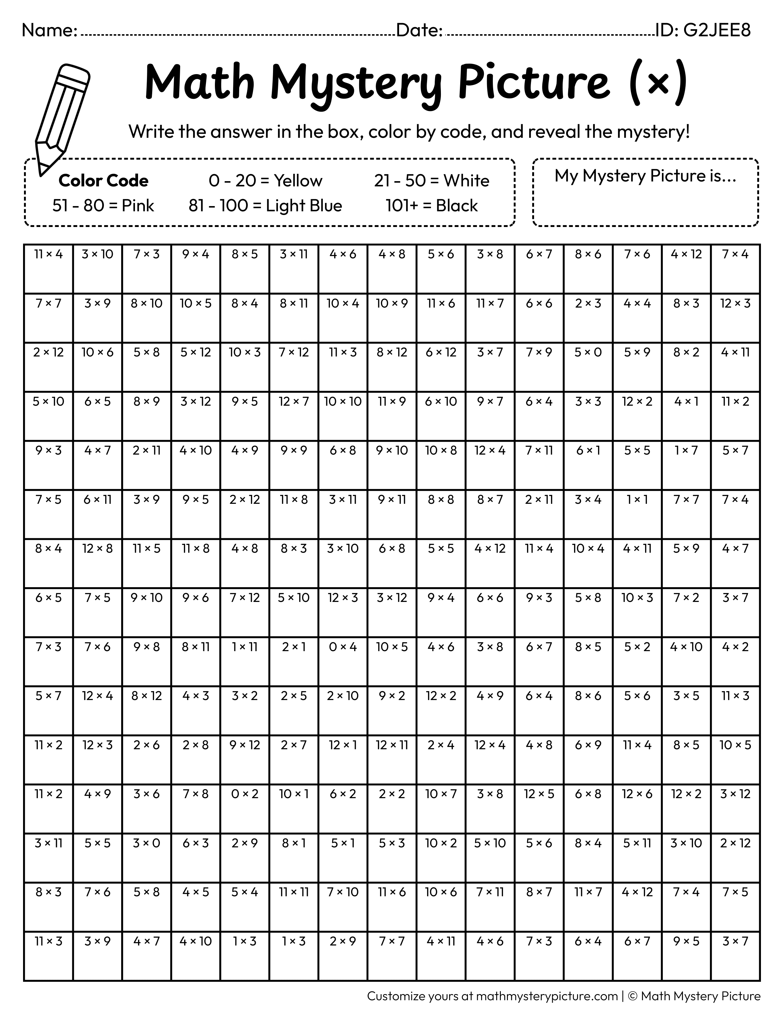 Birthday Party Emoji Multiplication Facts Math Mystery Picture Coloring Worksheet