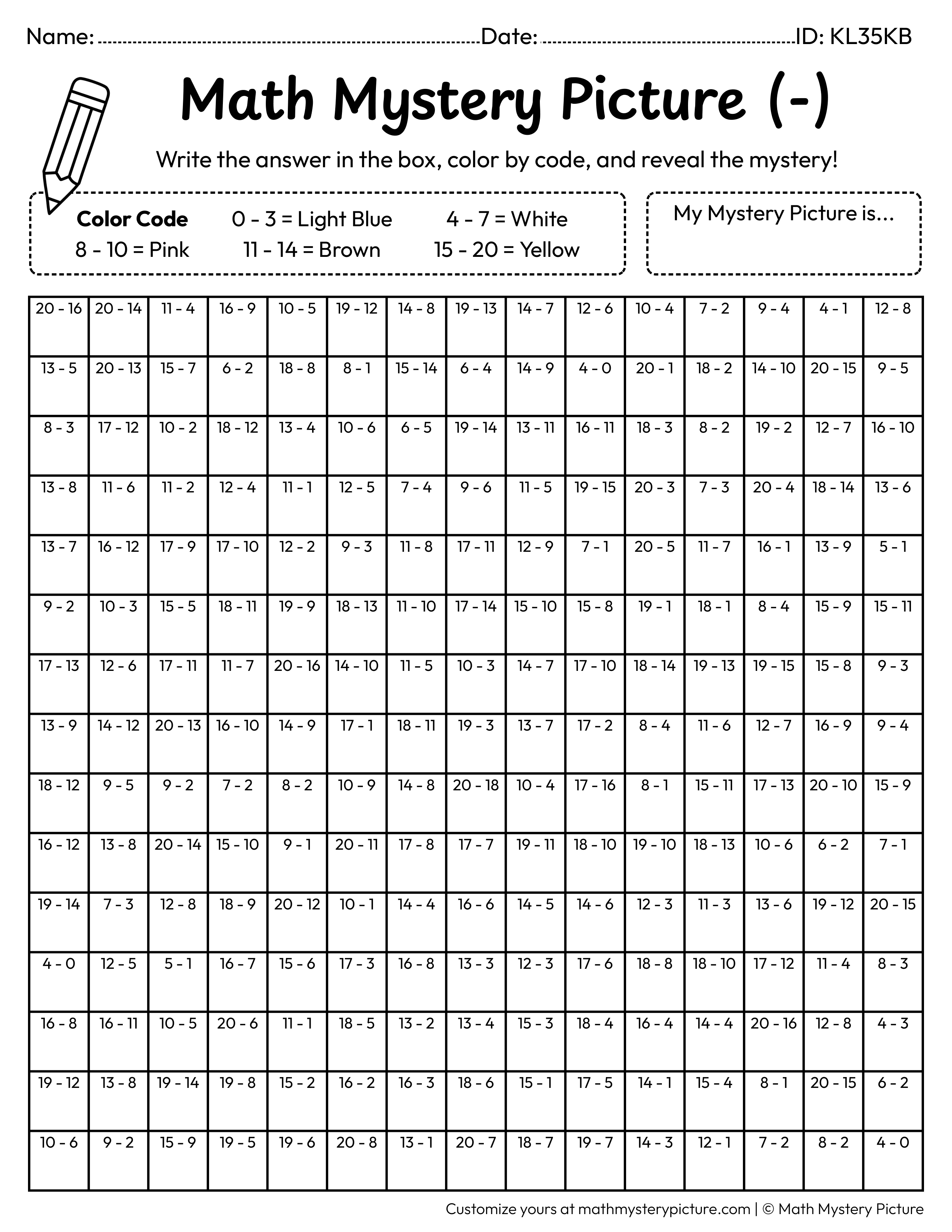 Birthday Cake Subtraction Within 20 Math Mystery Picture Coloring Worksheet