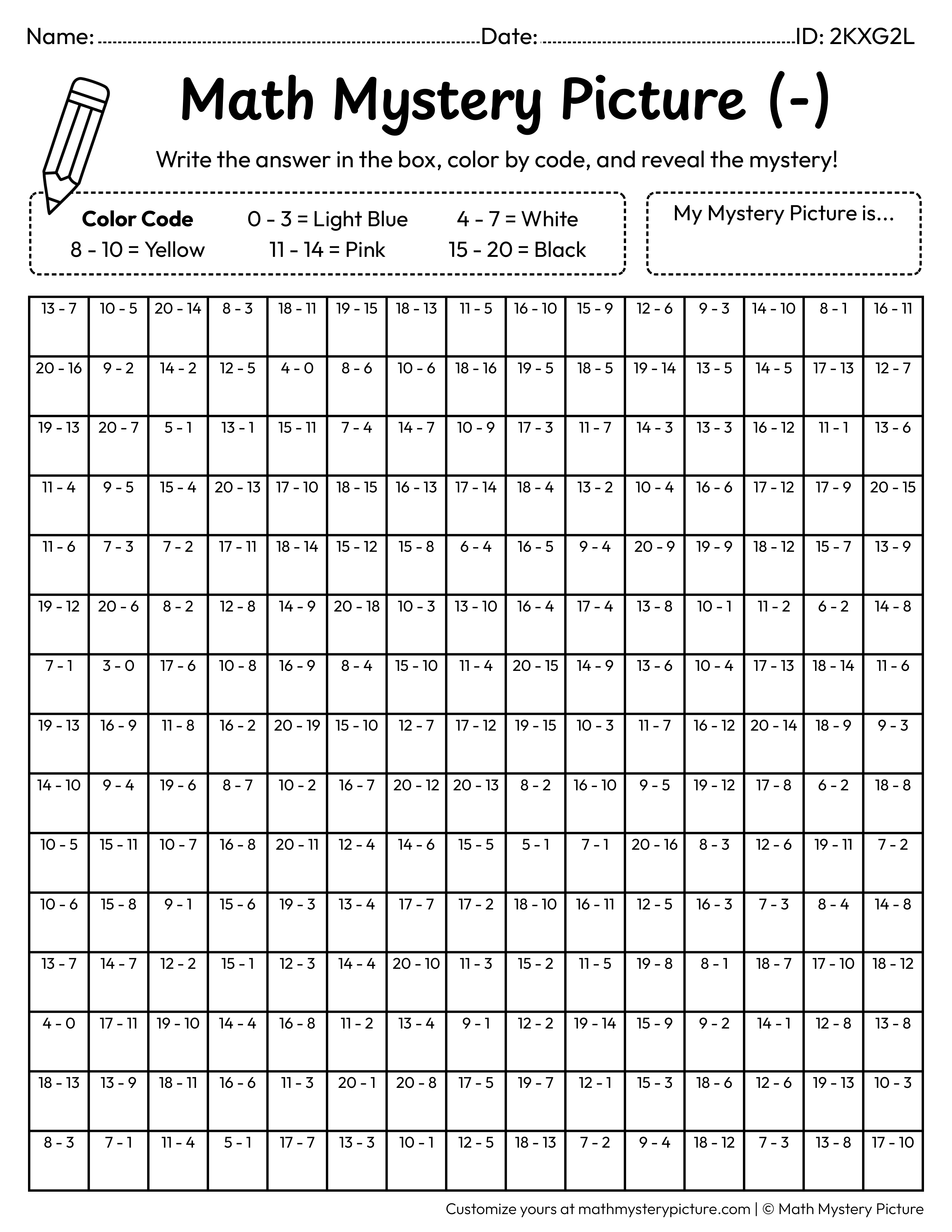 Birthday Party Emoji Subtraction Within 20 Math Mystery Picture Coloring Worksheet