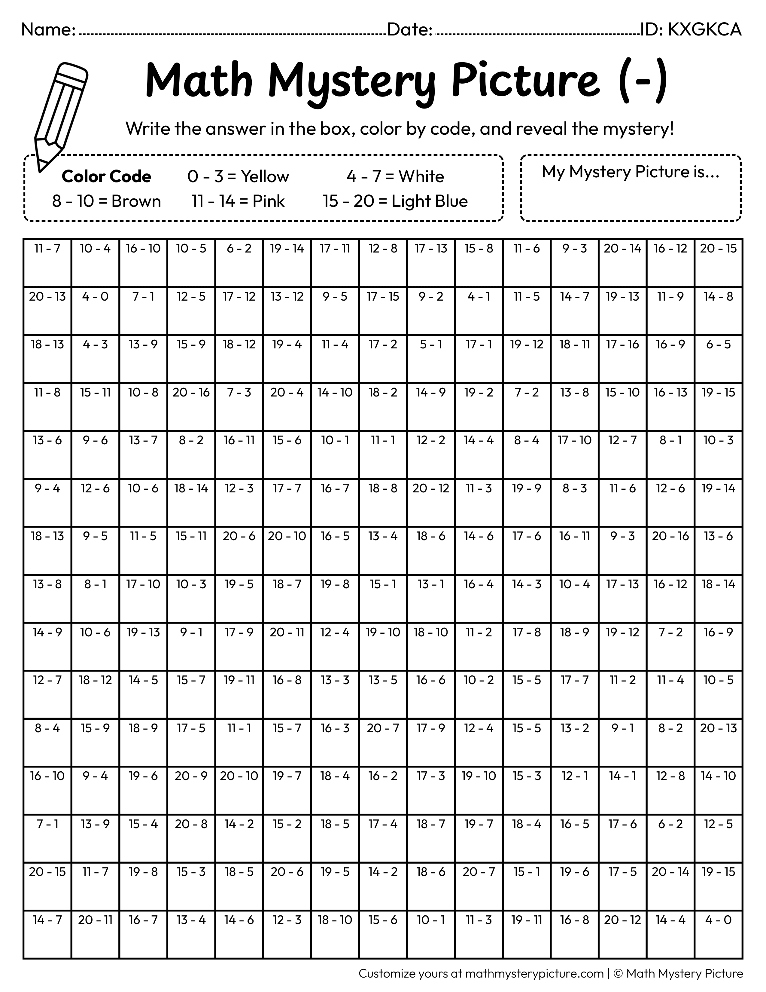 Birthday Tiered Cake Subtraction Within 20 Math Mystery Picture Coloring Worksheet